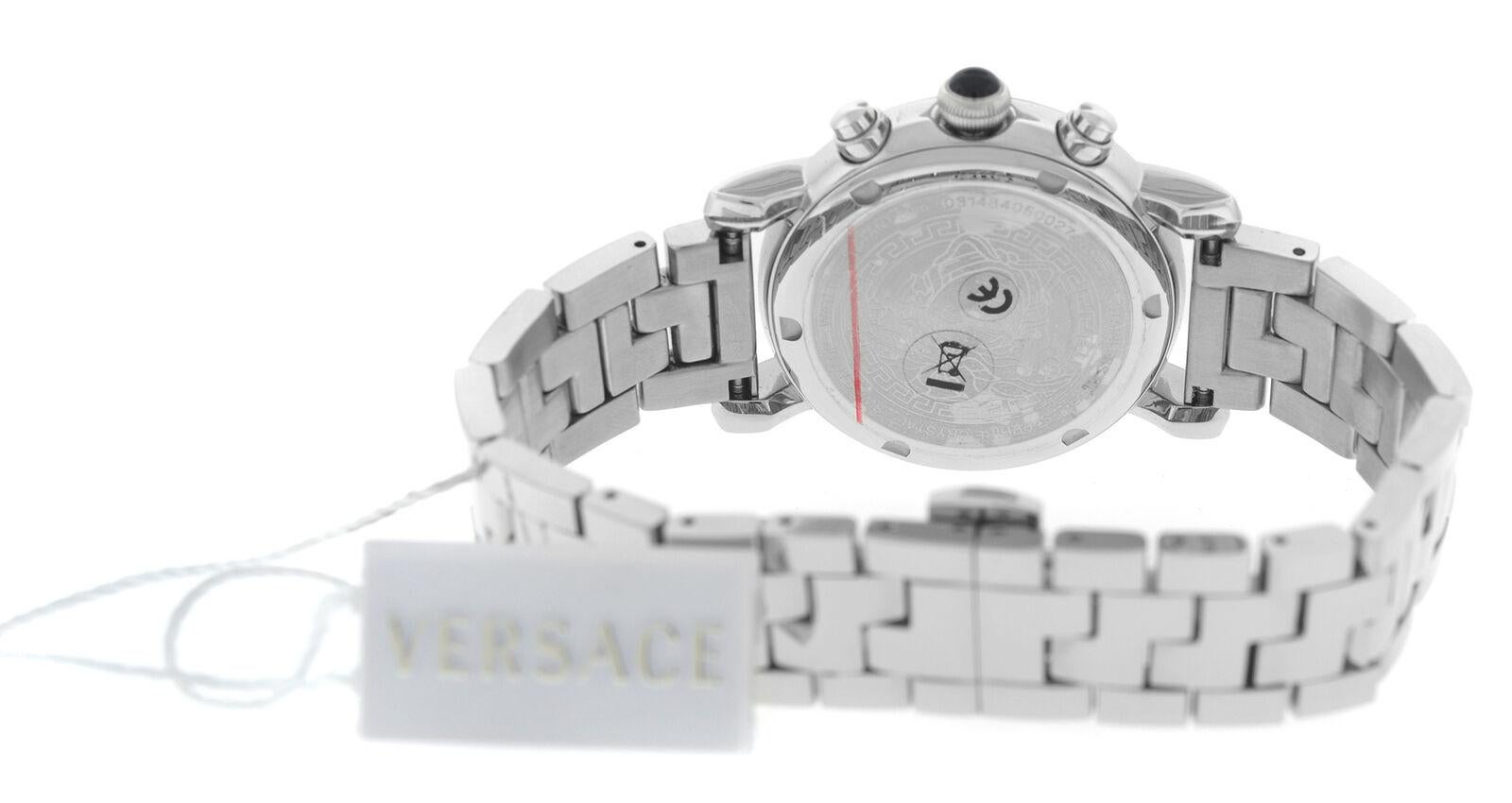 Versace Day Glam VLB08 0014 Stainless Steel Mother of Pearl Chrono Quartz Watch In New Condition For Sale In New York, NY