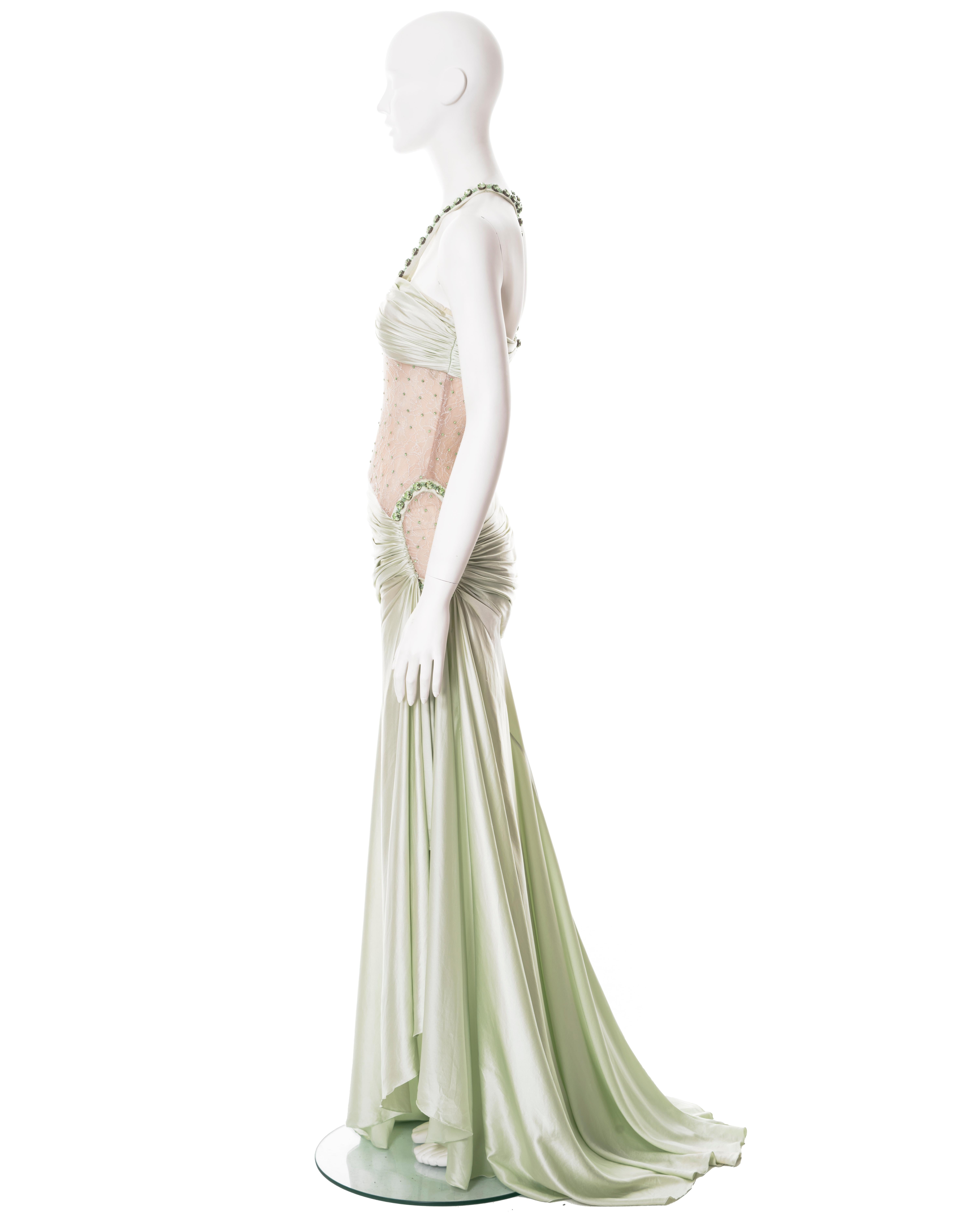 Robe de soirée Versace demi-couture en soie et dentelle verte avec cristaux, P/E 2004 6