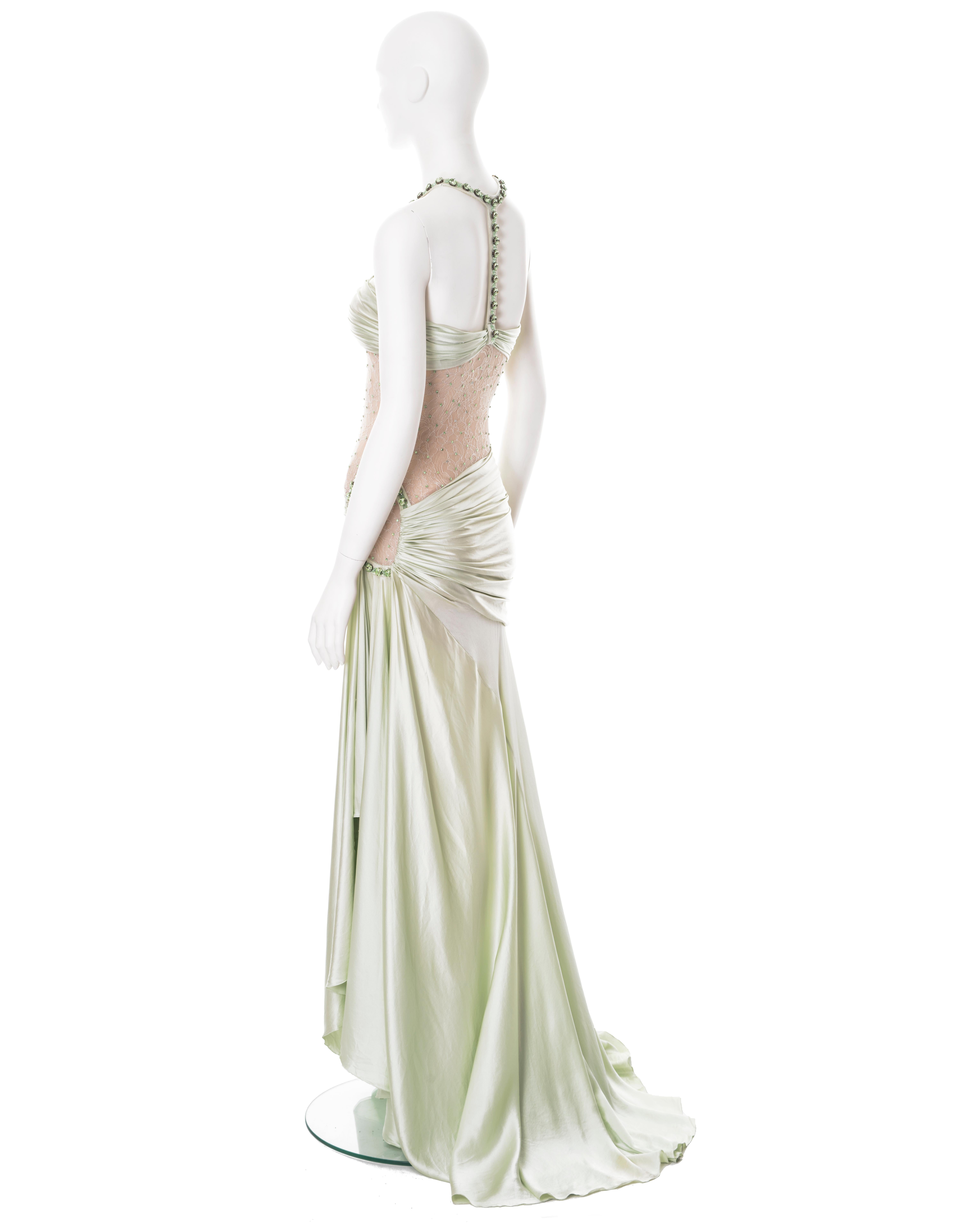 Robe de soirée Versace demi-couture en soie et dentelle verte avec cristaux, P/E 2004 8