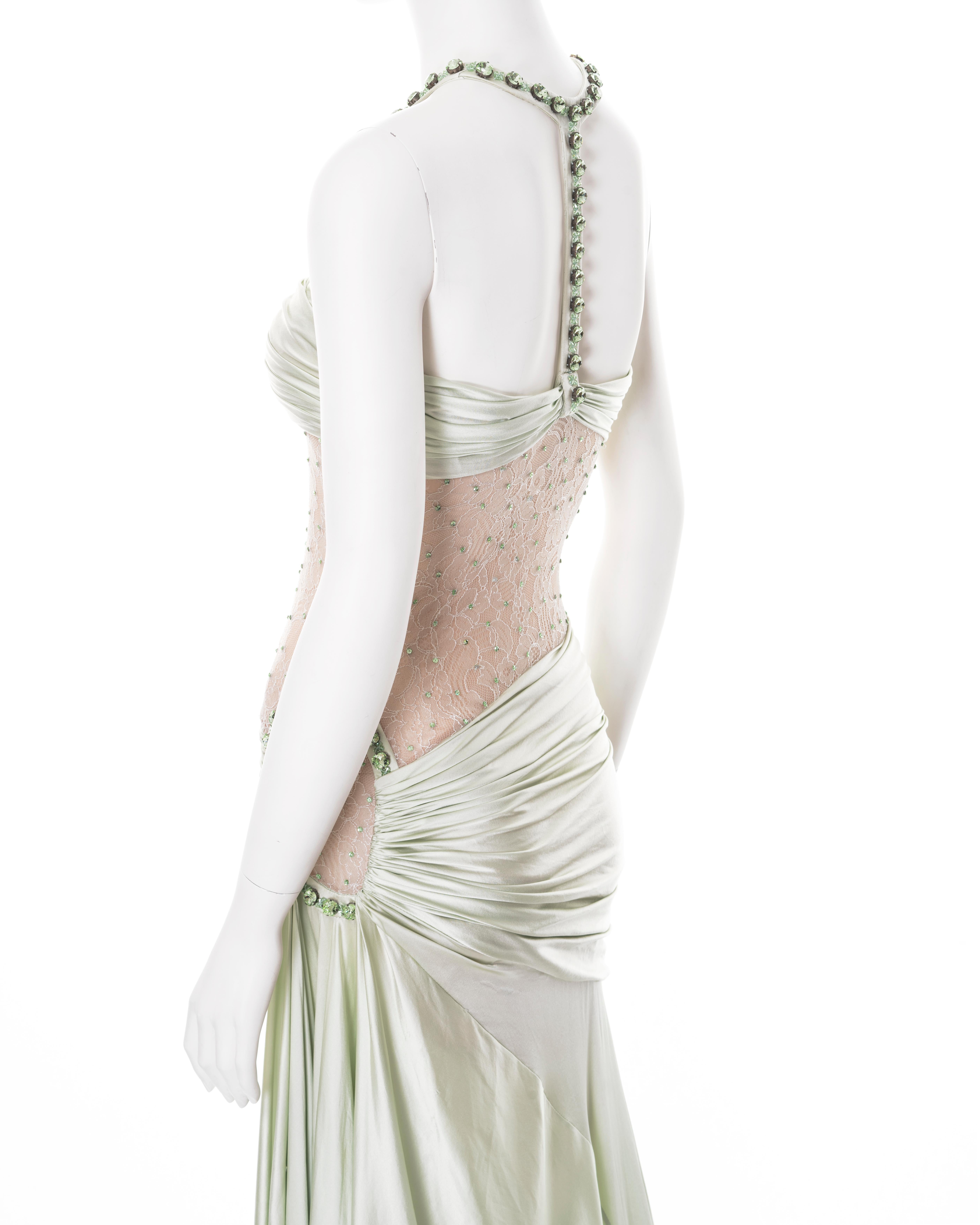 Versace demi-couture green silk and lace evening dress with crystals, ss 2004 For Sale 9