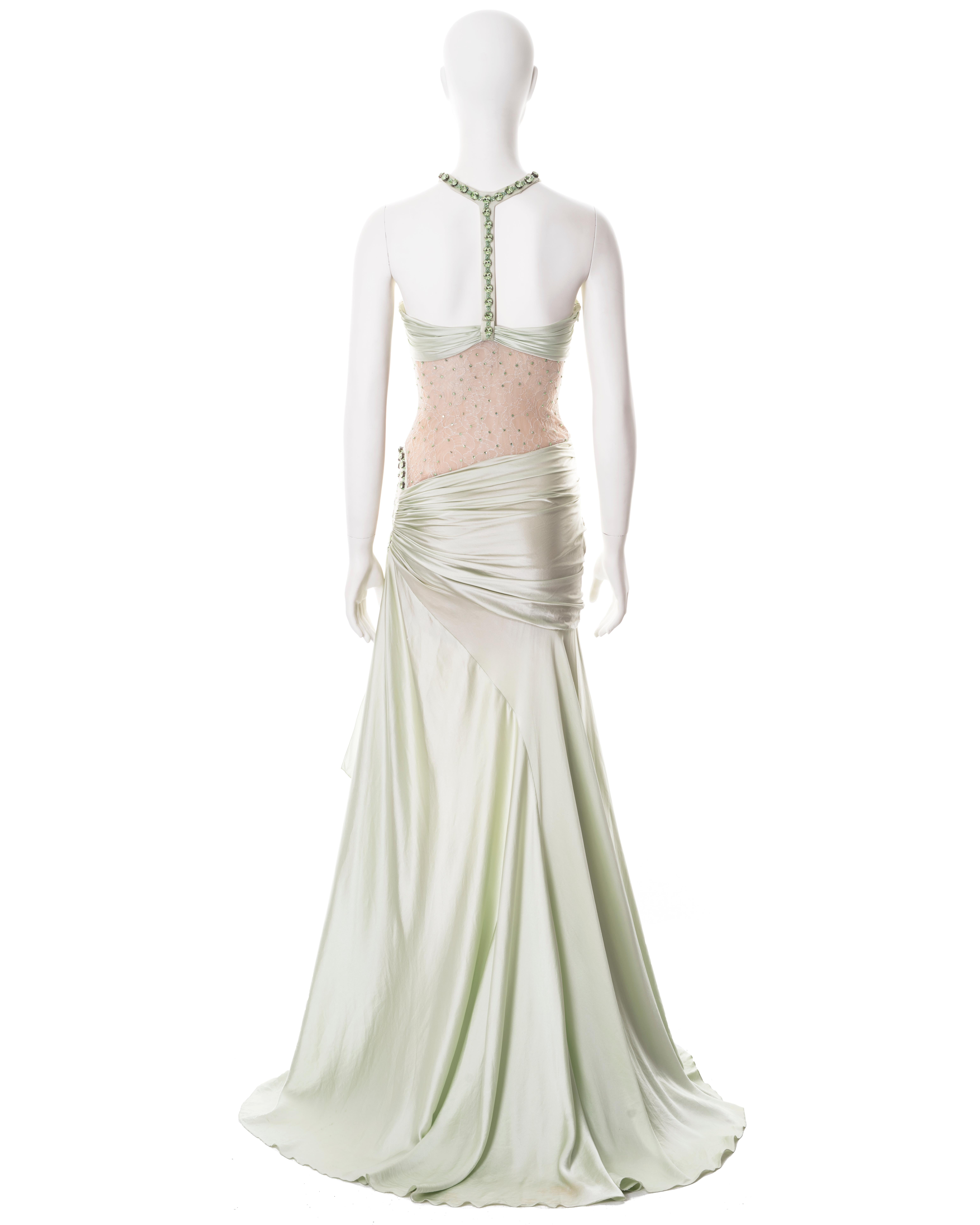 Robe de soirée Versace demi-couture en soie et dentelle verte avec cristaux, P/E 2004 10