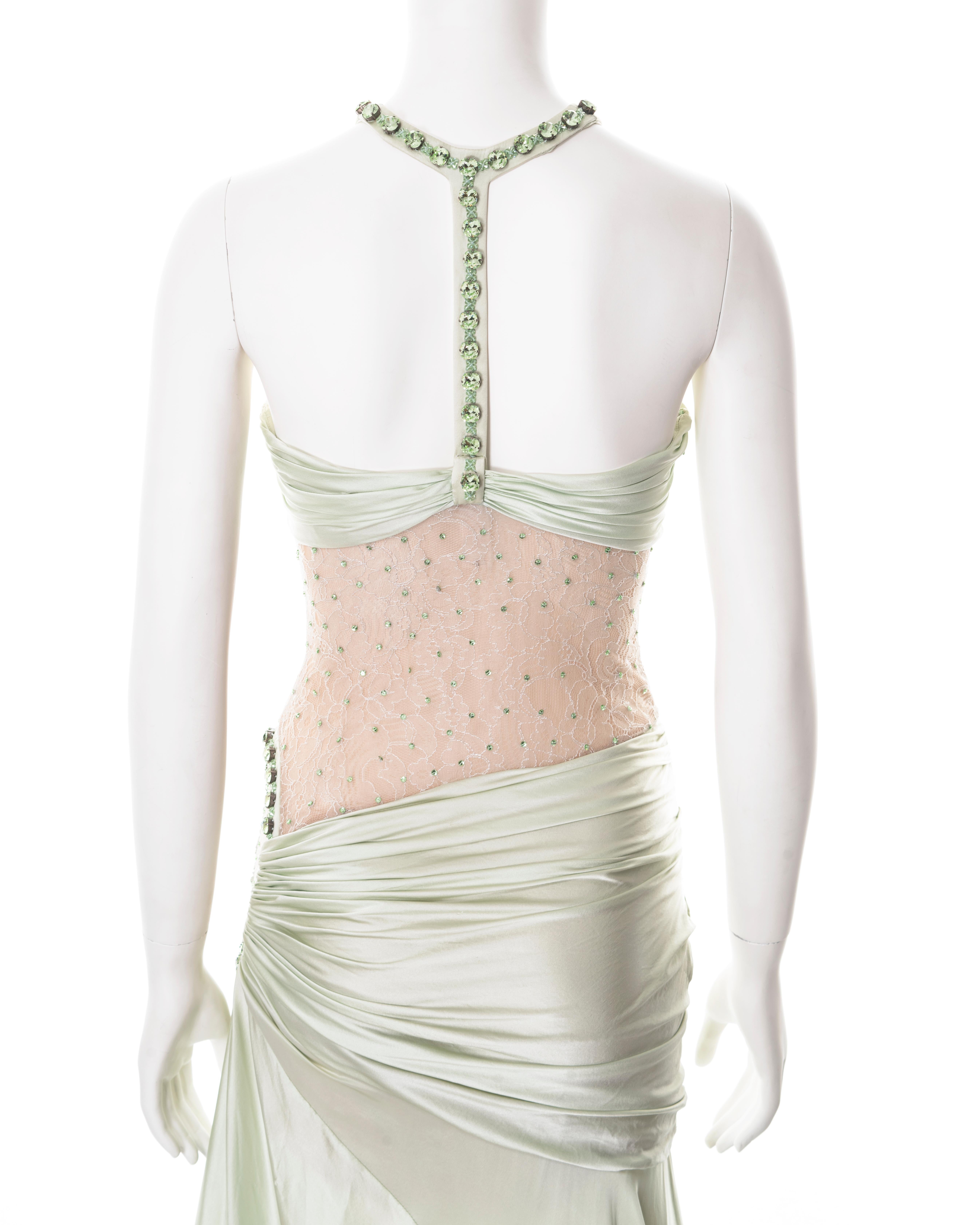 Versace demi-couture green silk and lace evening dress with crystals, ss 2004 For Sale 11