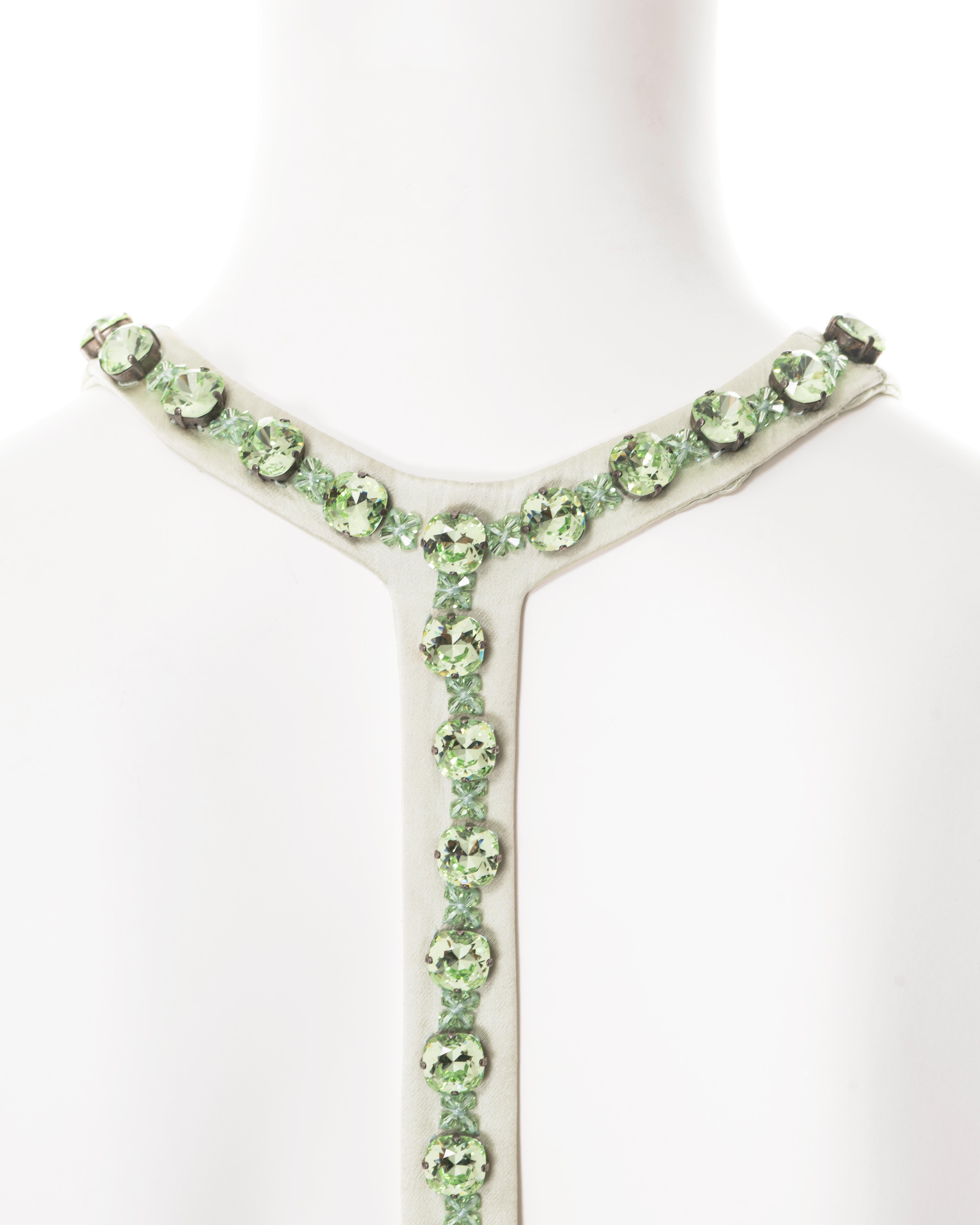 Robe de soirée Versace demi-couture en soie et dentelle verte avec cristaux, P/E 2004 12
