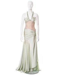 Versace demi-couture green silk and lace evening dress with crystals, ss 2004