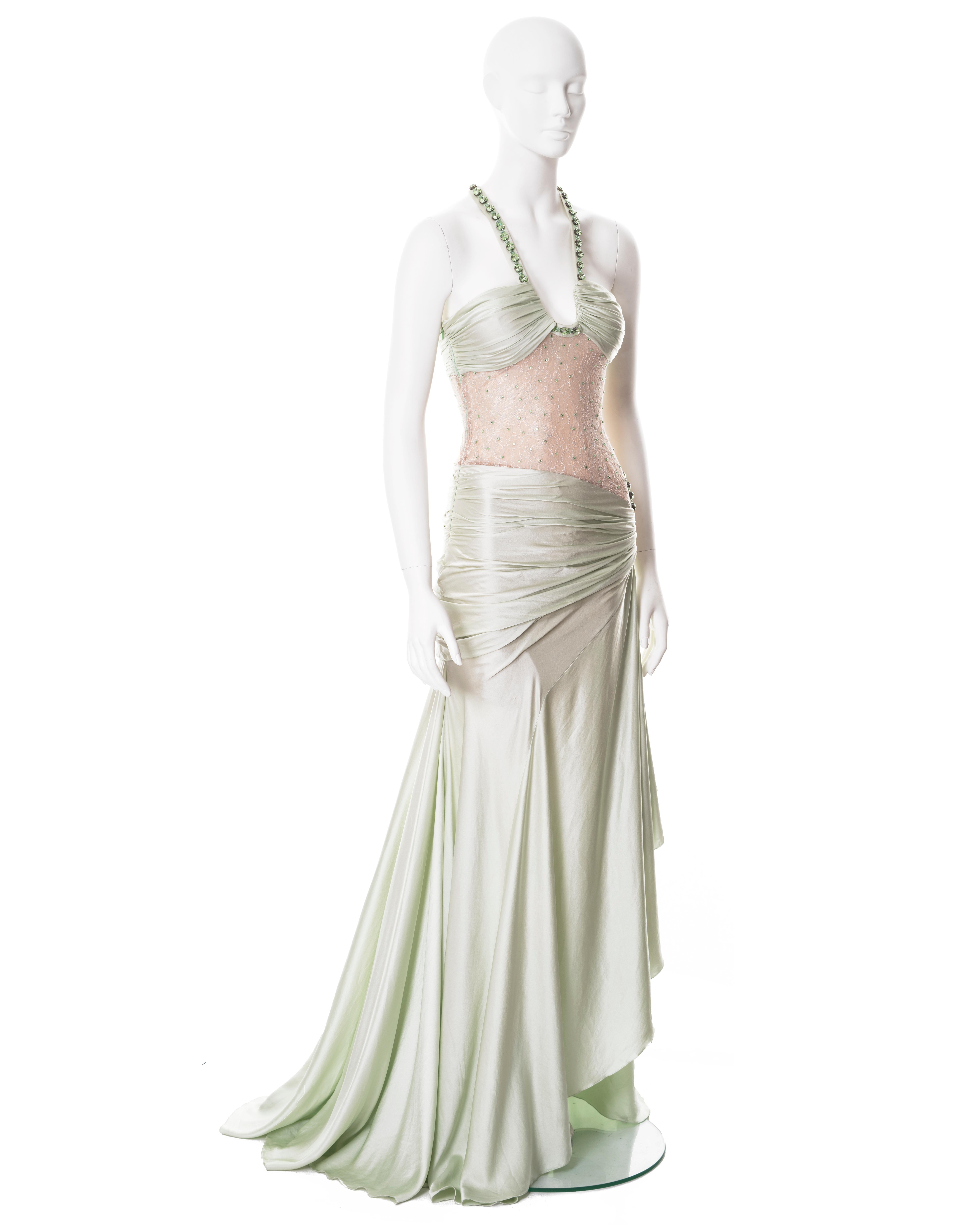 Robe de soirée Versace demi-couture en soie et dentelle verte avec cristaux, P/E 2004 2