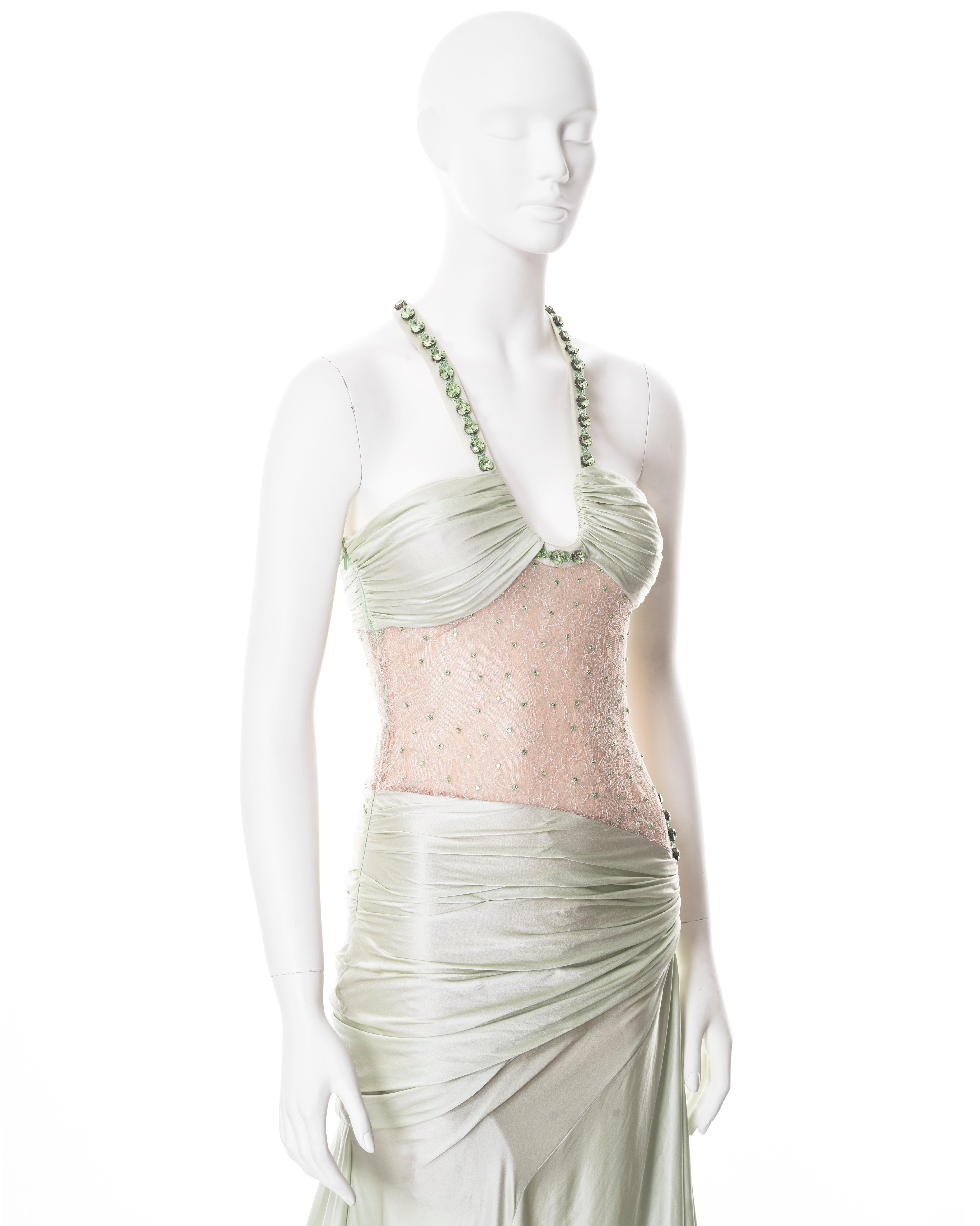 Versace demi-couture green silk and lace evening dress with crystals, ss 2004 For Sale 3