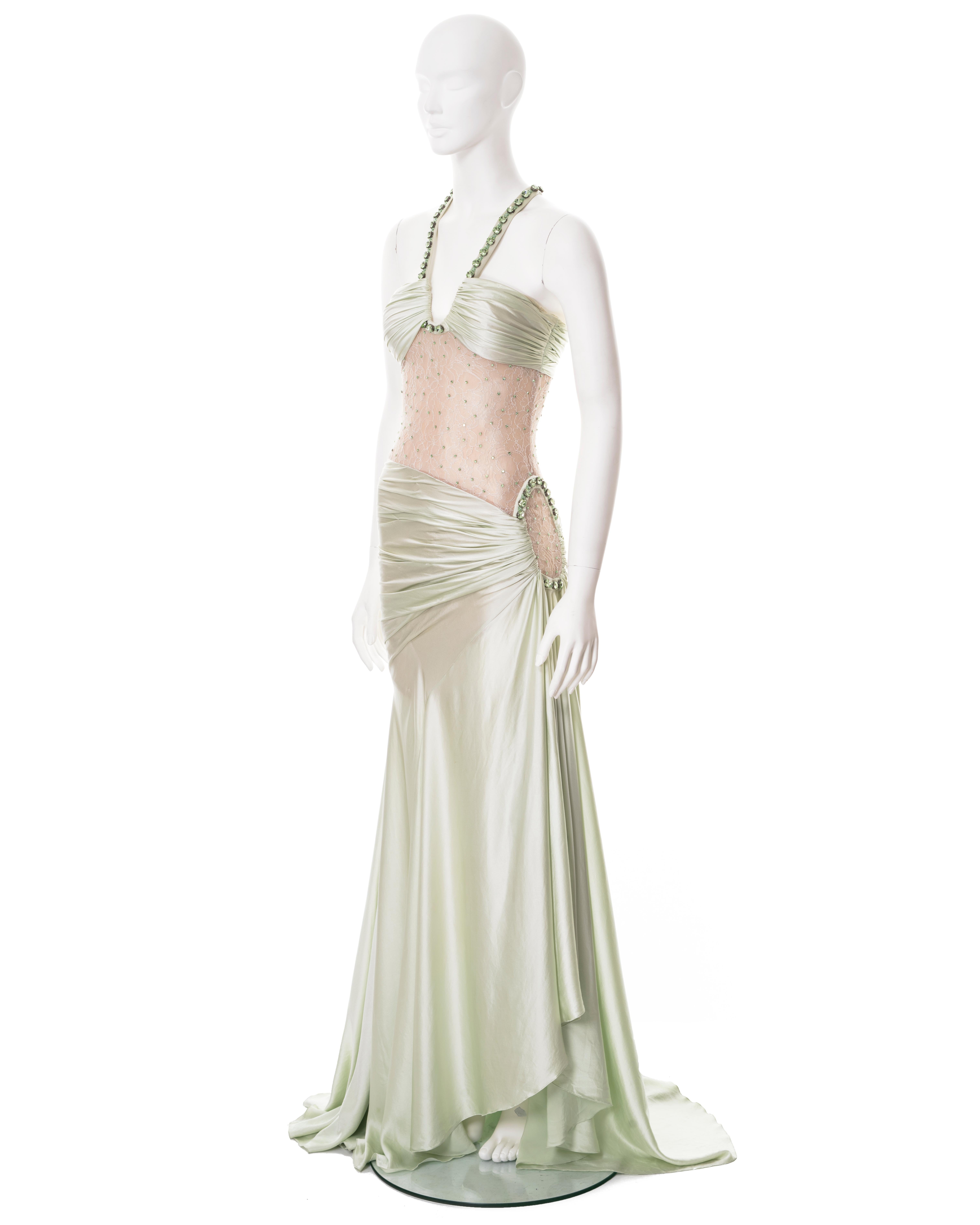 Robe de soirée Versace demi-couture en soie et dentelle verte avec cristaux, P/E 2004 4