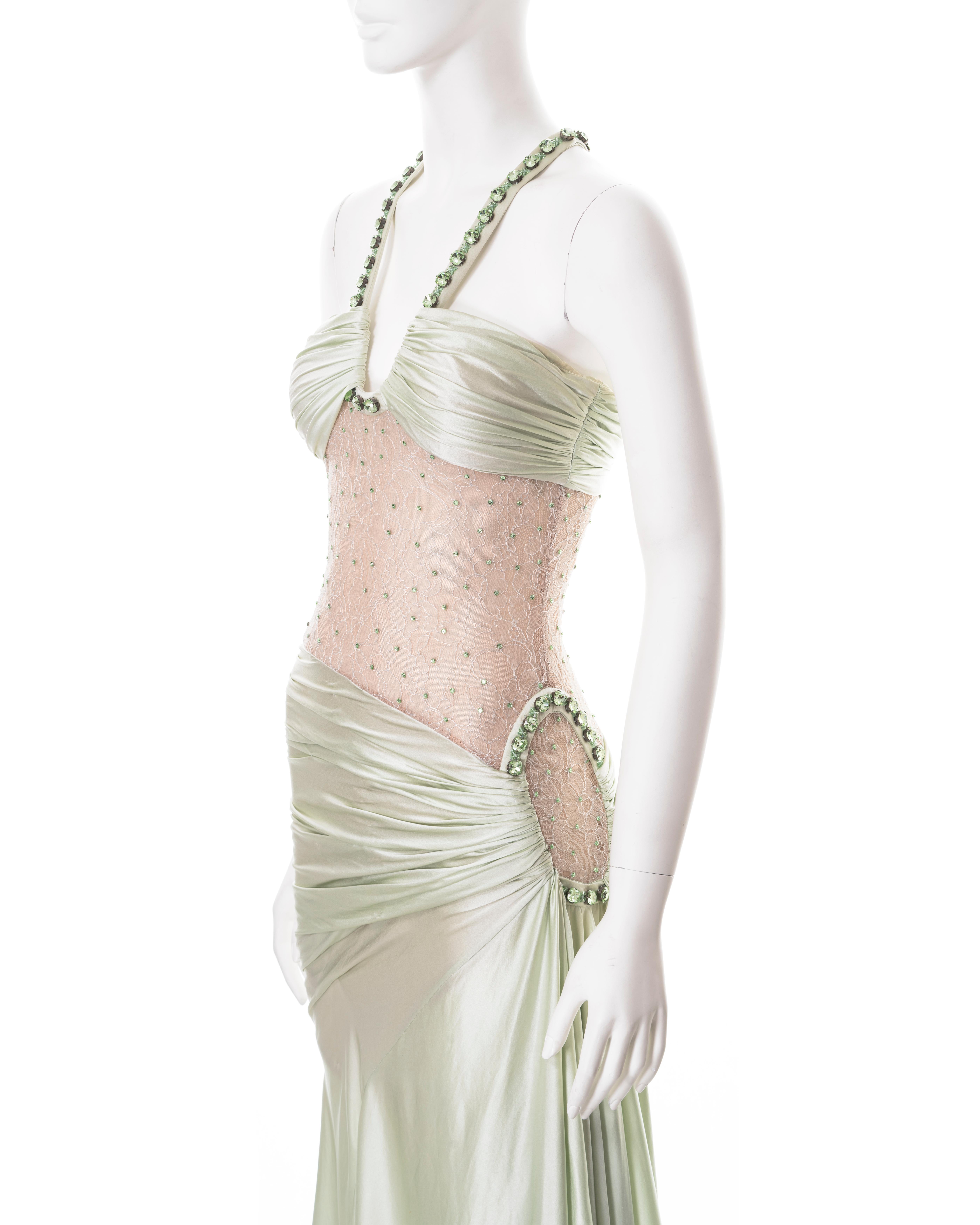 Robe de soirée Versace demi-couture en soie et dentelle verte avec cristaux, P/E 2004 5