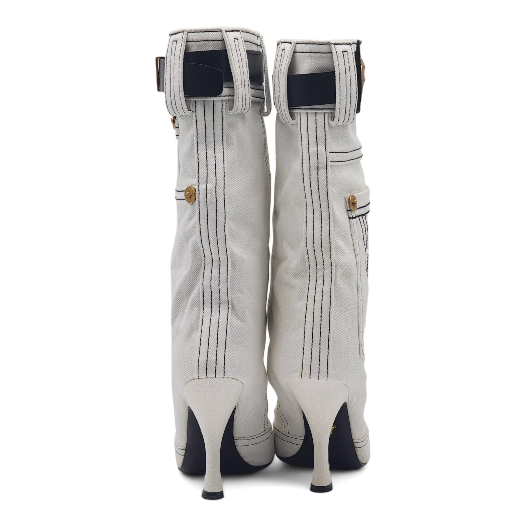 Gray Versace Denim Cowboy Boots White For Sale