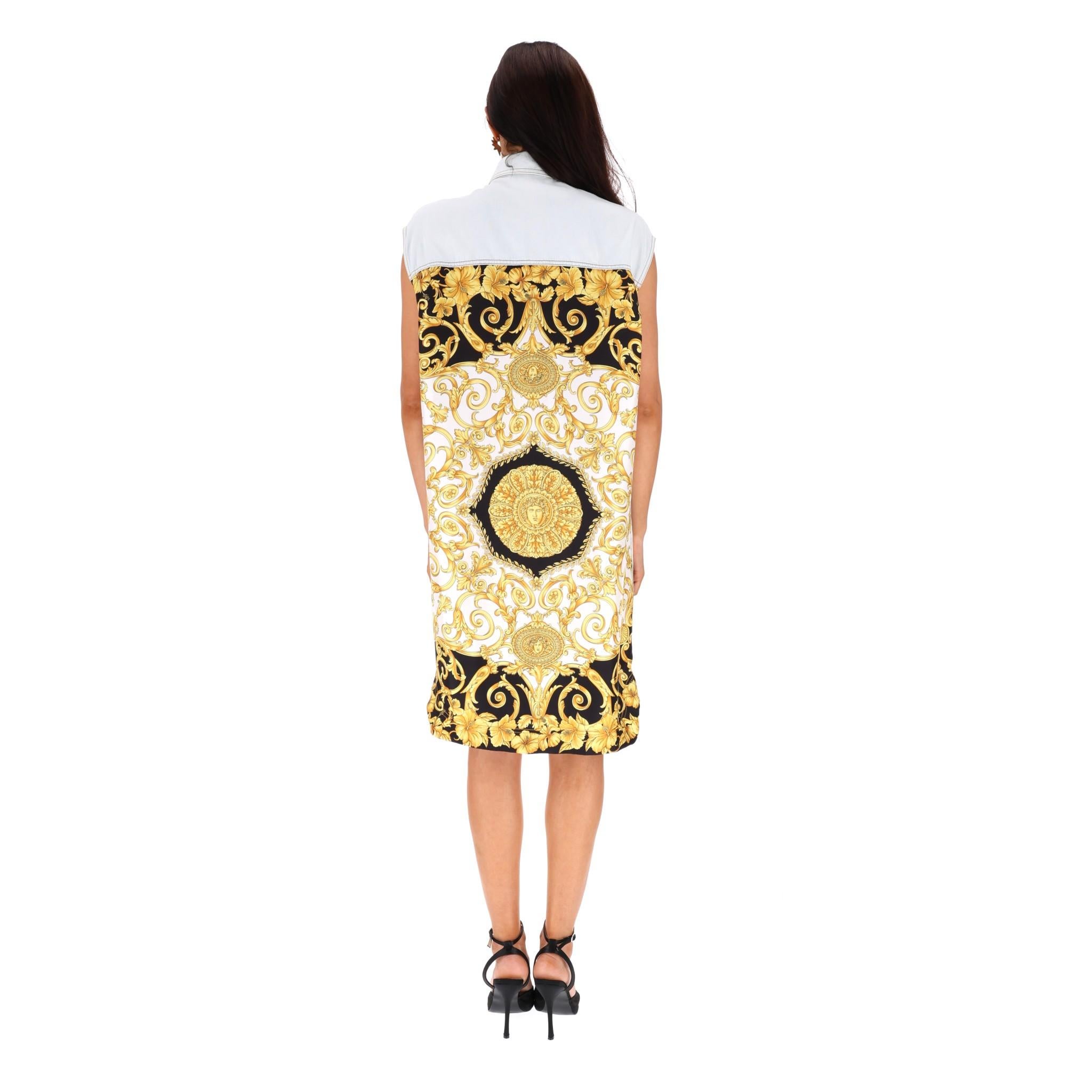 Versace Denim Dress With Silk Swirl Print In Excellent Condition For Sale In London, GB