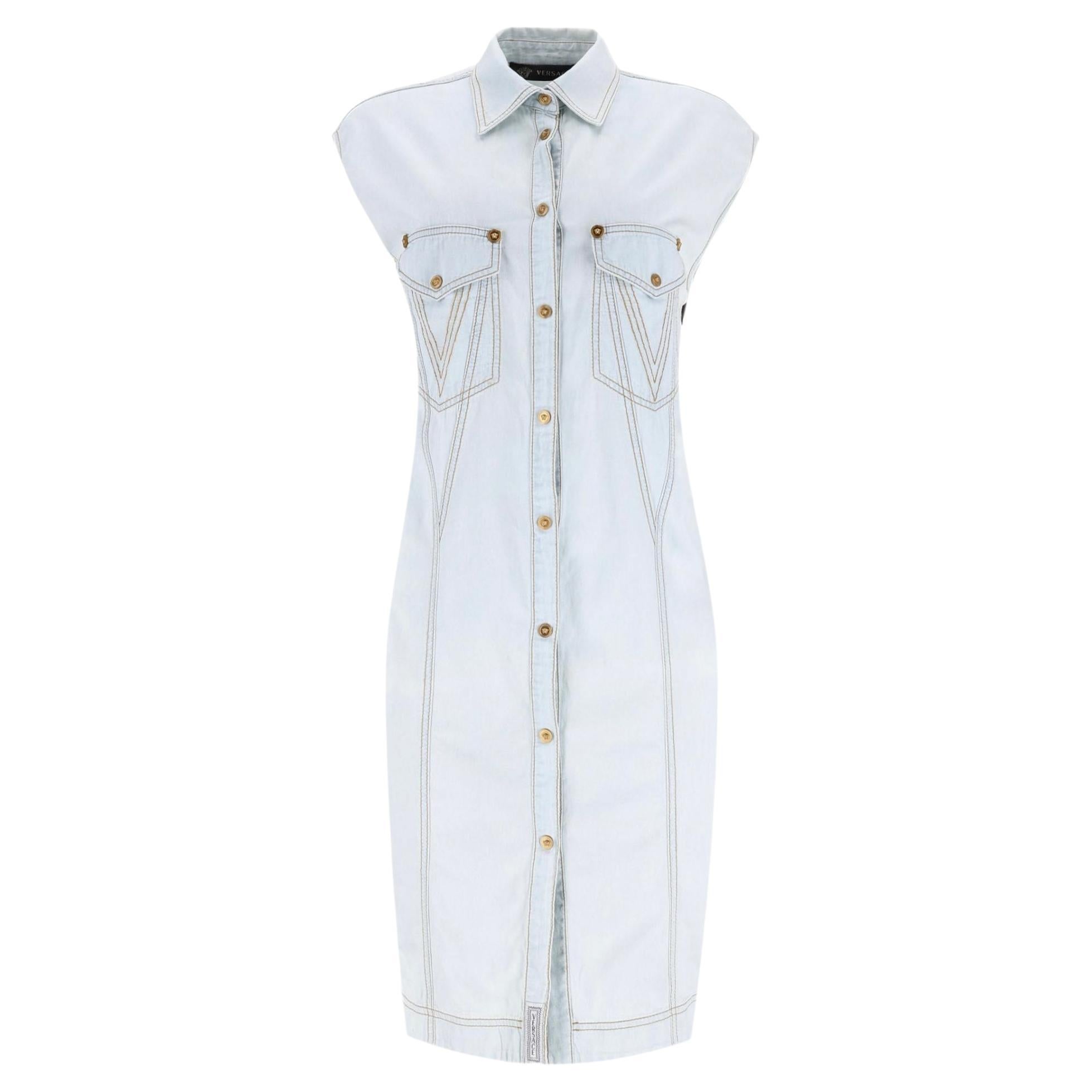 Versace Denim Dress With Silk Swirl Print For Sale