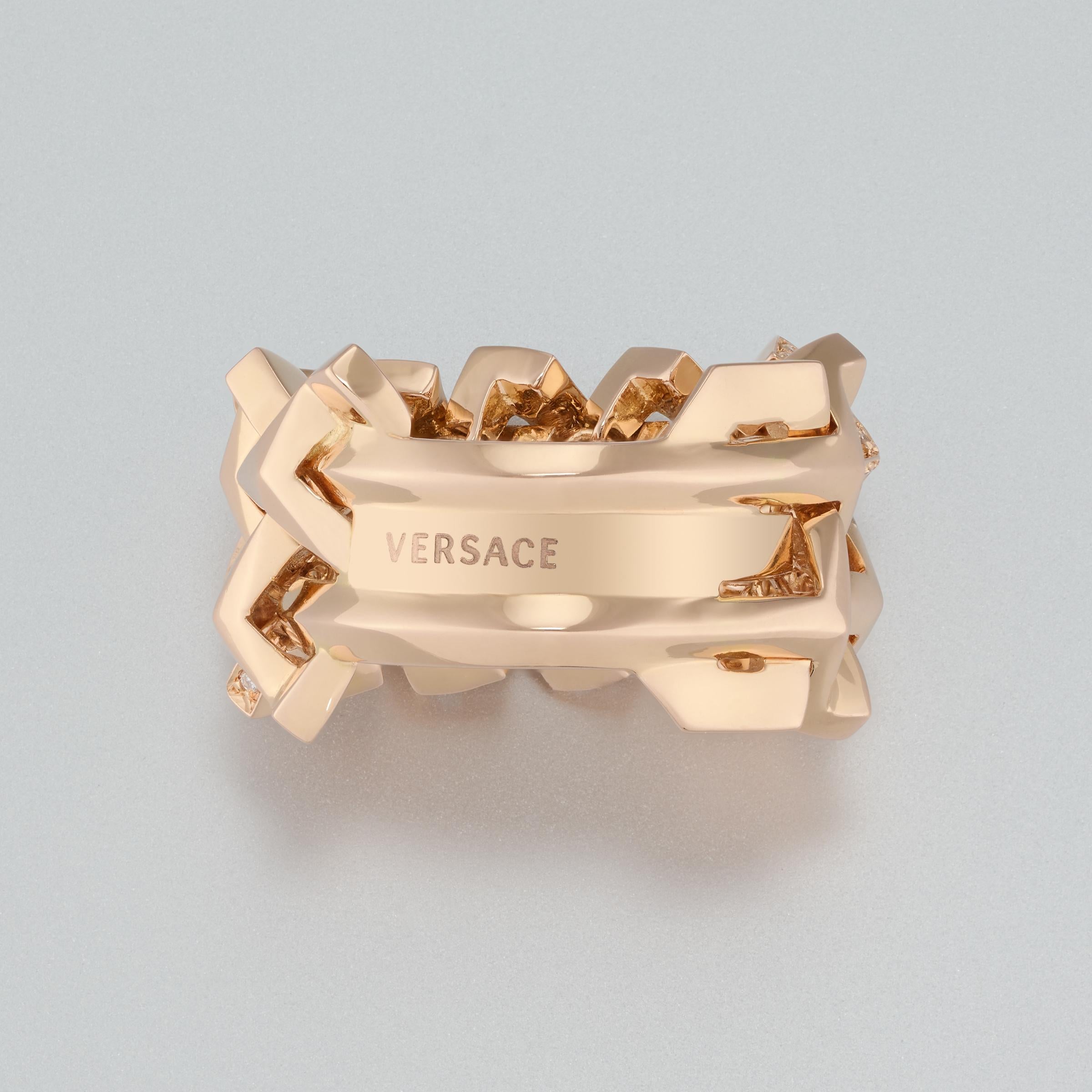 Women's or Men's Versace Diamond Wide Band Fashion Ring in 18K Rose Gold For Sale