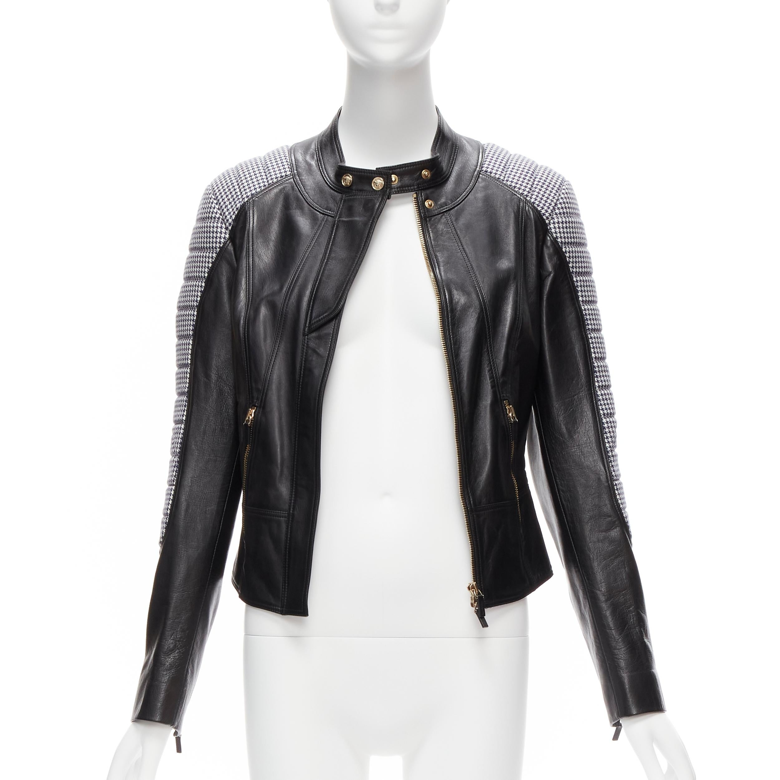 VERSACE Donatella 2012 houndstooth wool padded leather moto biker jacket IT40 S In Good Condition In Hong Kong, NT