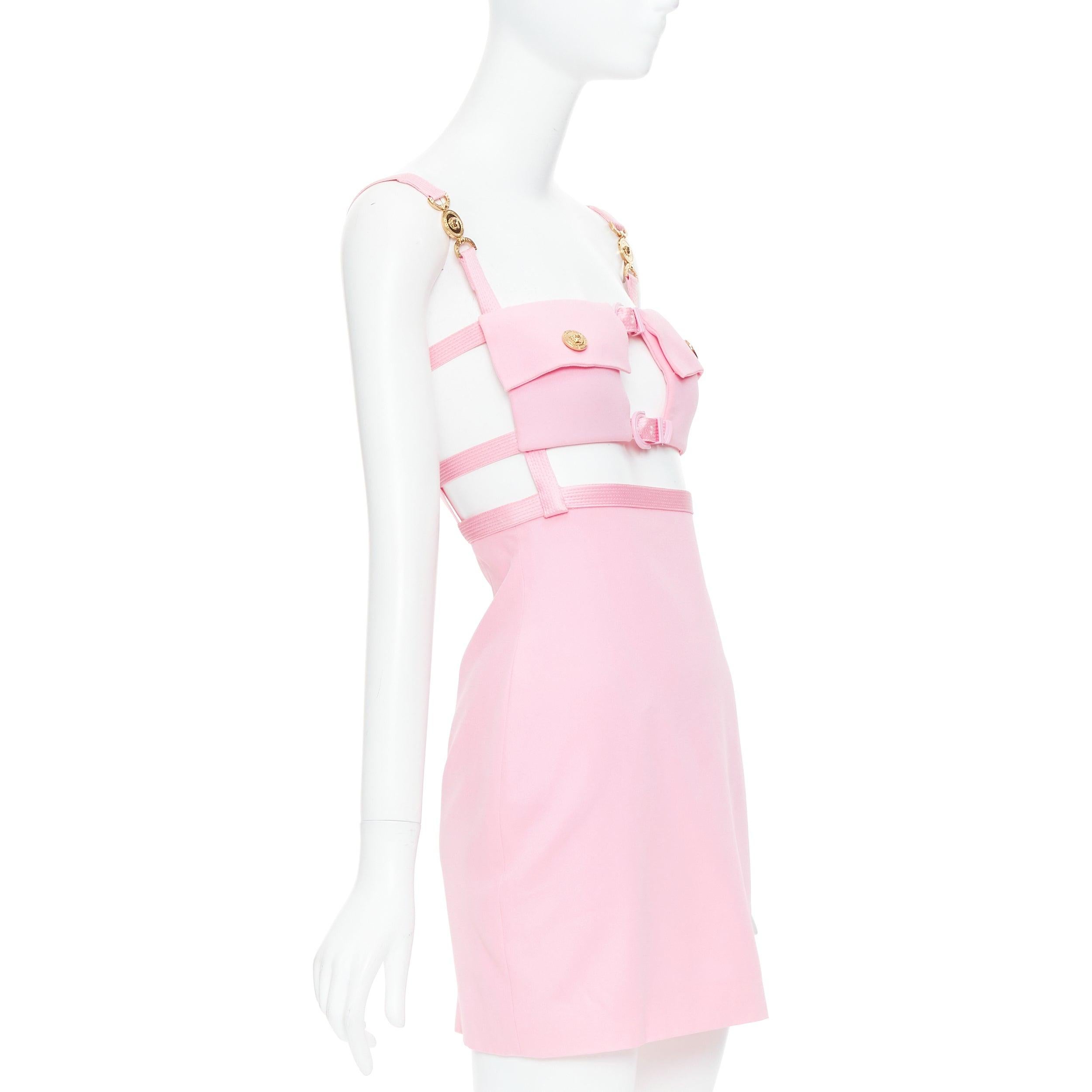 White VERSACE Dua Lipa 2023 La Vacanza Runway pink pocket bondage dress IT36 XXS