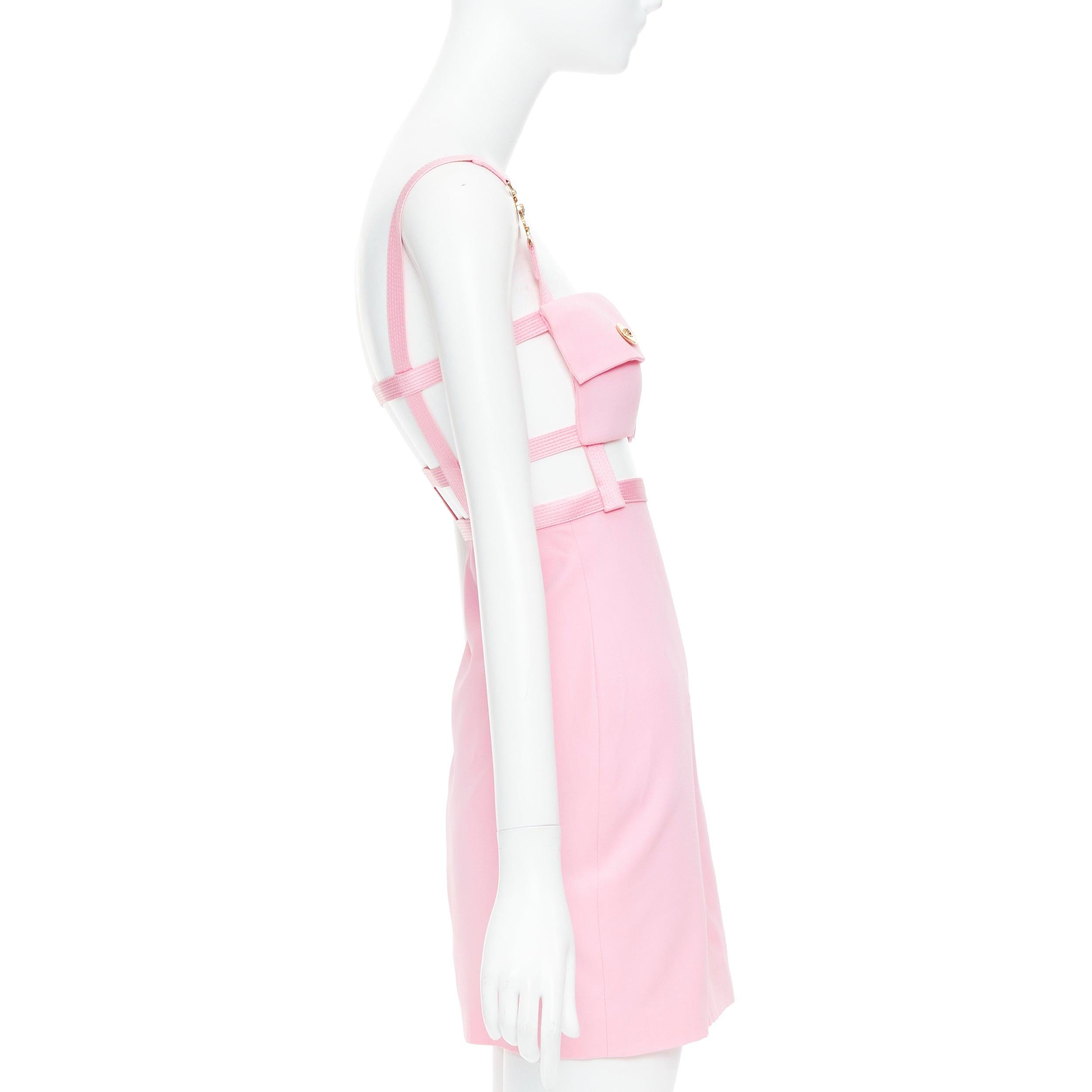VERSACE Dua Lipa 2023 La Vacanza Runway pink pocket bondage dress IT36 XXS In New Condition In Hong Kong, NT