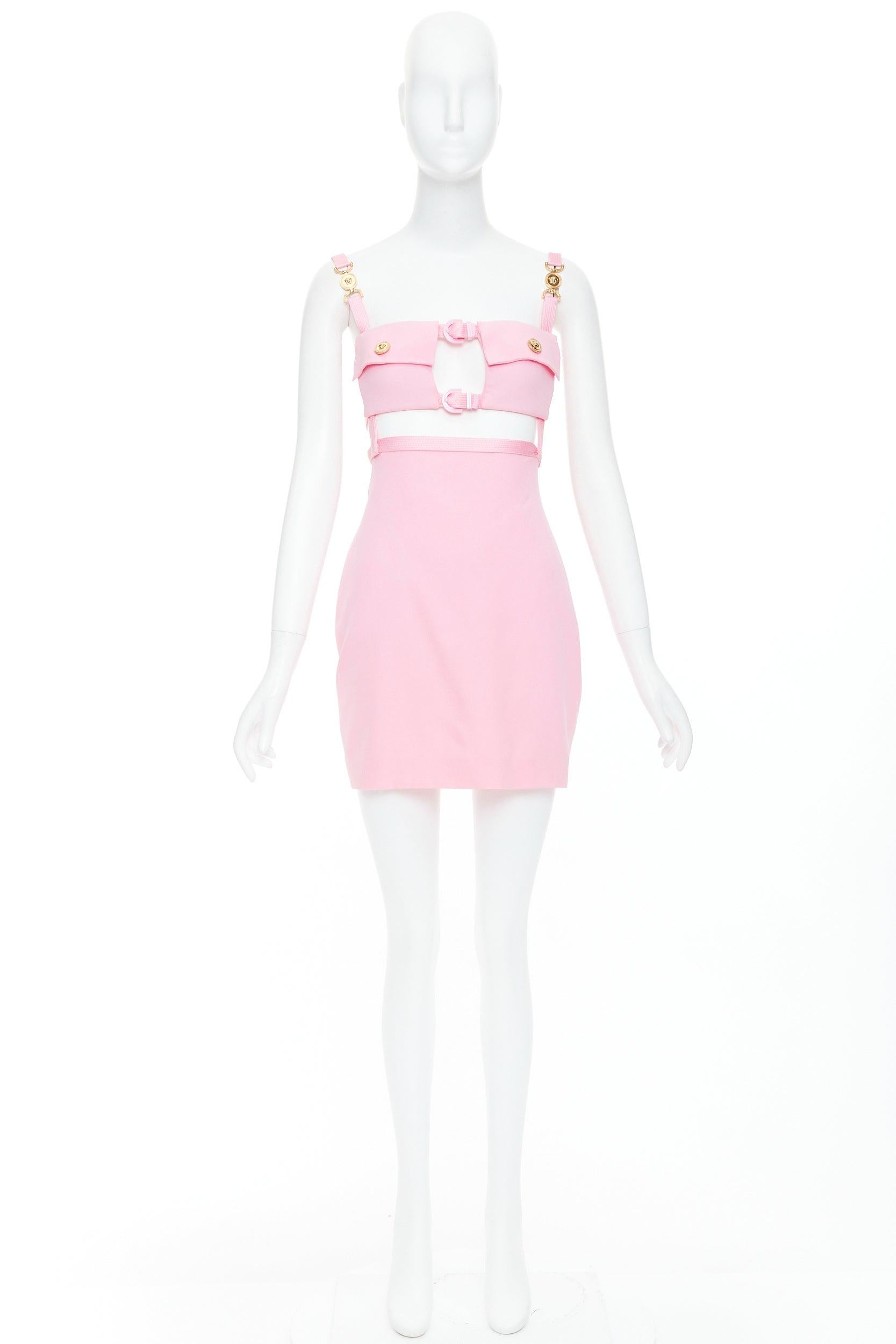 VERSACE Dua Lipa 2023 La Vacanza Runway pink pocket bondage dress IT36 XXS 4