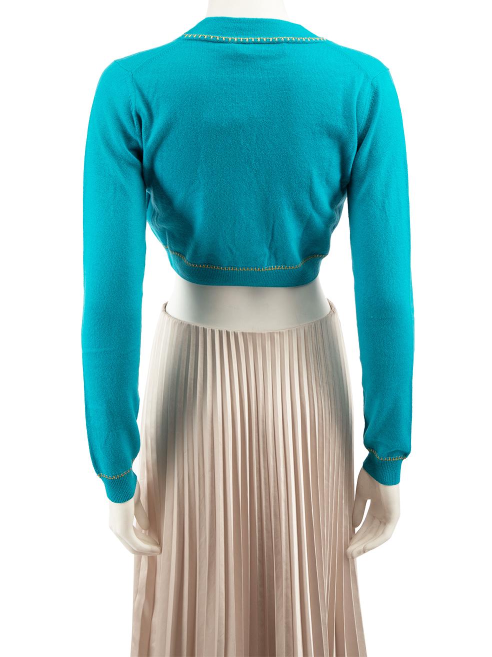 Versace Dylan Turquoise Cashmere Medusa Crop Knit Cardigan Size XXS In New Condition For Sale In London, GB