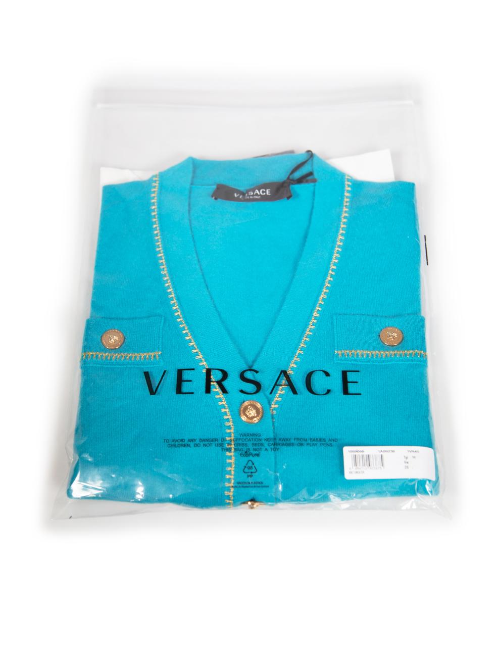 Versace Dylan Turquoise Cashmere Medusa Crop Knit Cardigan Size XXS For Sale 4