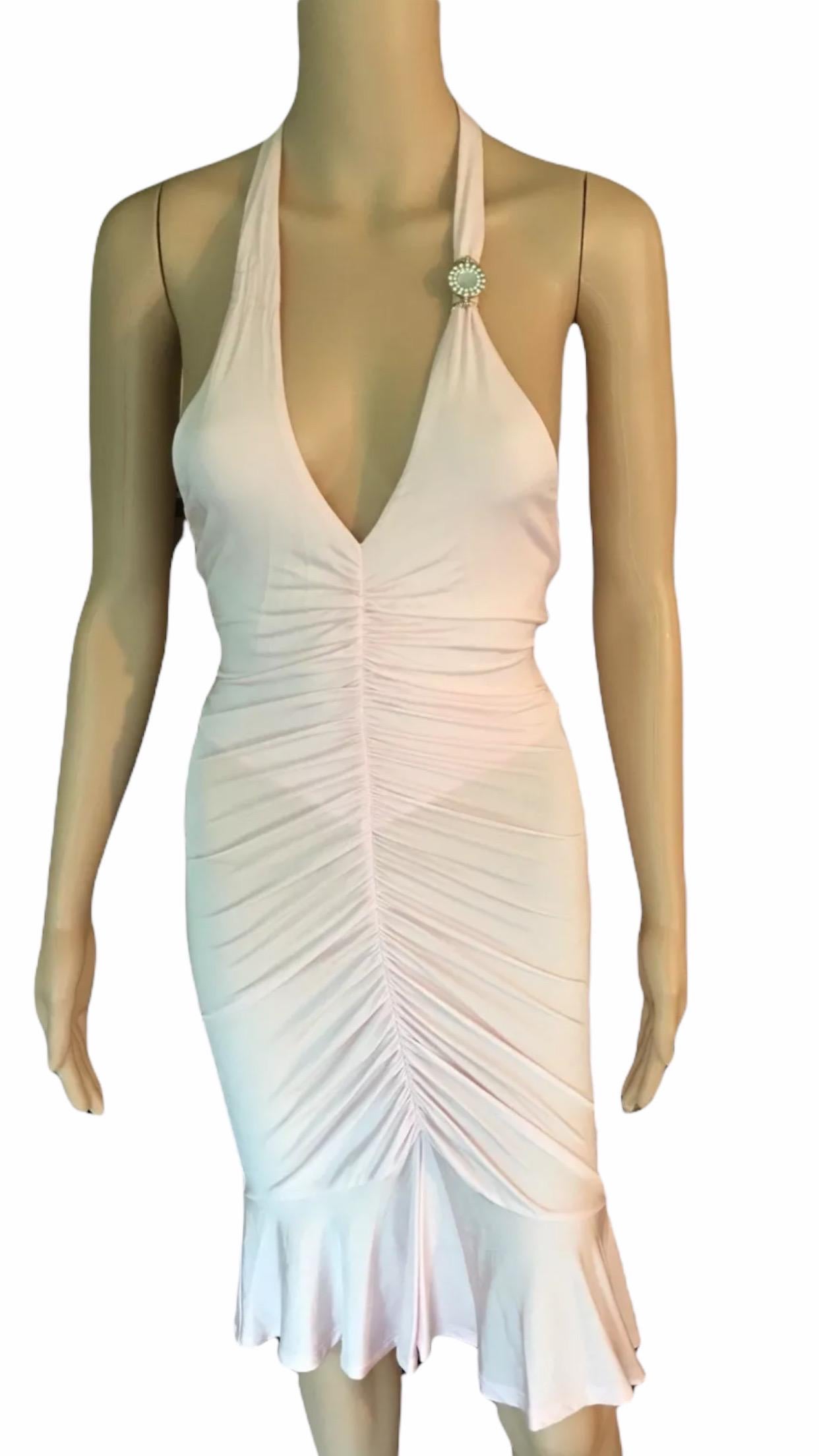 Versace Anfang der 2000er Jahre Verschönertes Minikleid mit offenem Träger und gerafftem Rücken (Grau)