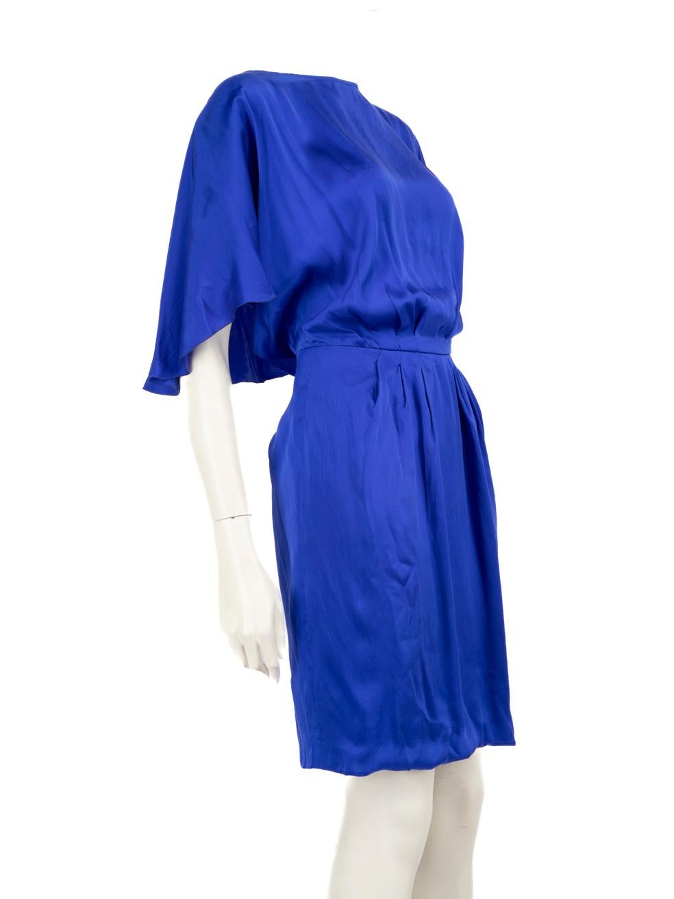 CONDITION is Very good. Minimal wear to dress is evident. Light signs of discolouration to front bust area and rear of skirt on this used Versace designer resale item.
  
  Details
  
  
  Electric blue 
  
  Silk 
  
  Dress
  
  Short sleeve 
  
 