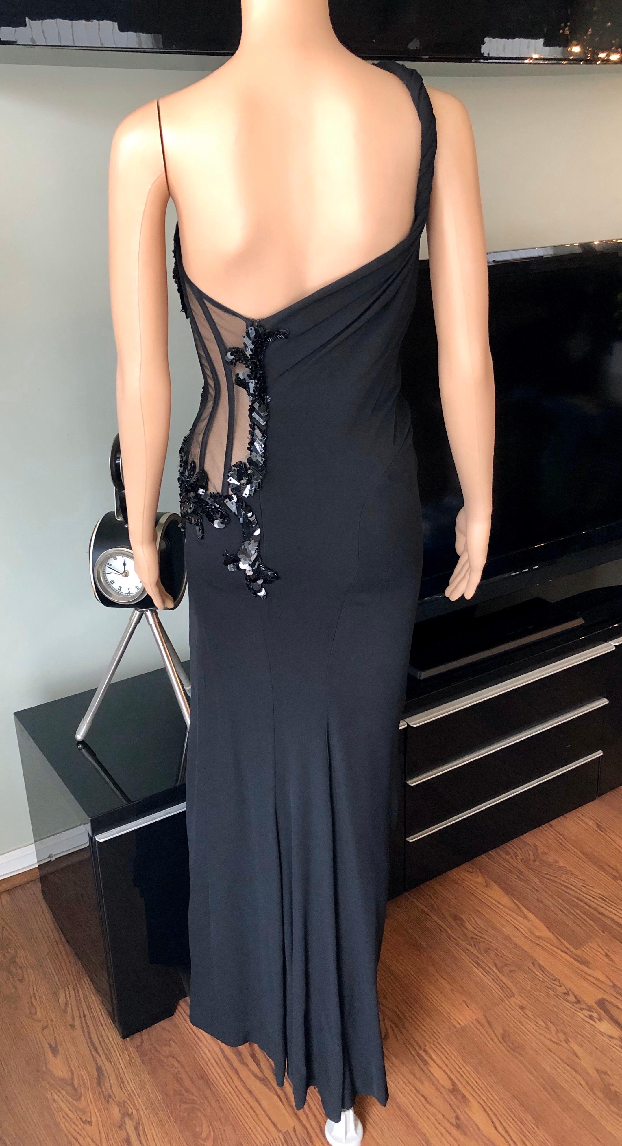 Versace Embellished Bustier Sheer One Shoulder Black Evening Dress Gown  For Sale 1