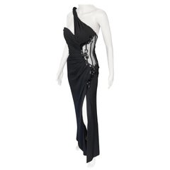 Versace Embellished Bustier Sheer One Shoulder Black Evening Dress Gown
