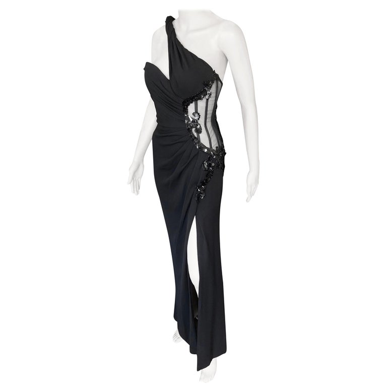Versace Embellished Bustier Sheer One Shoulder Black Evening Dress Gown