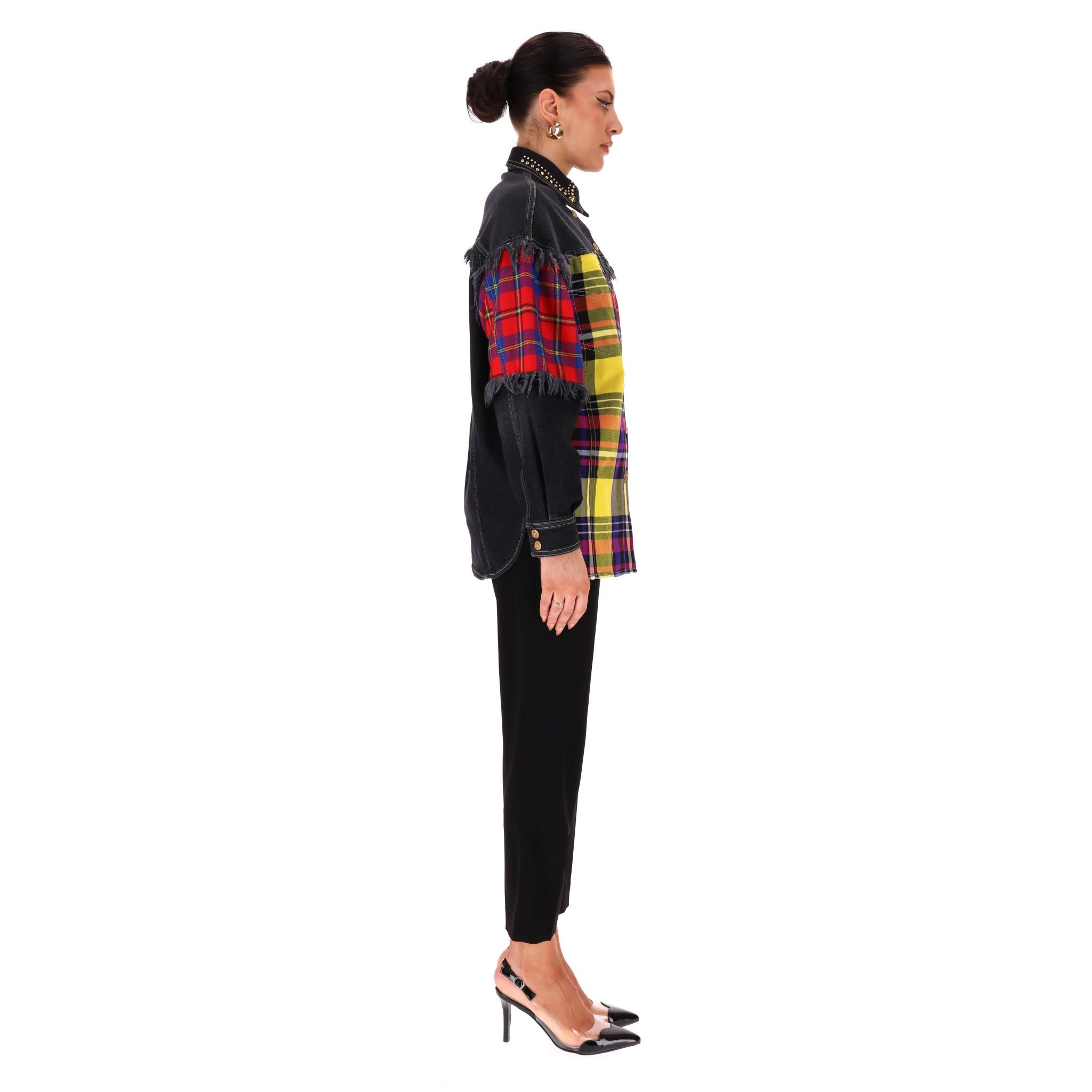 Black Versace Embellished Denim Jacket With Plaid Check Panels For Sale