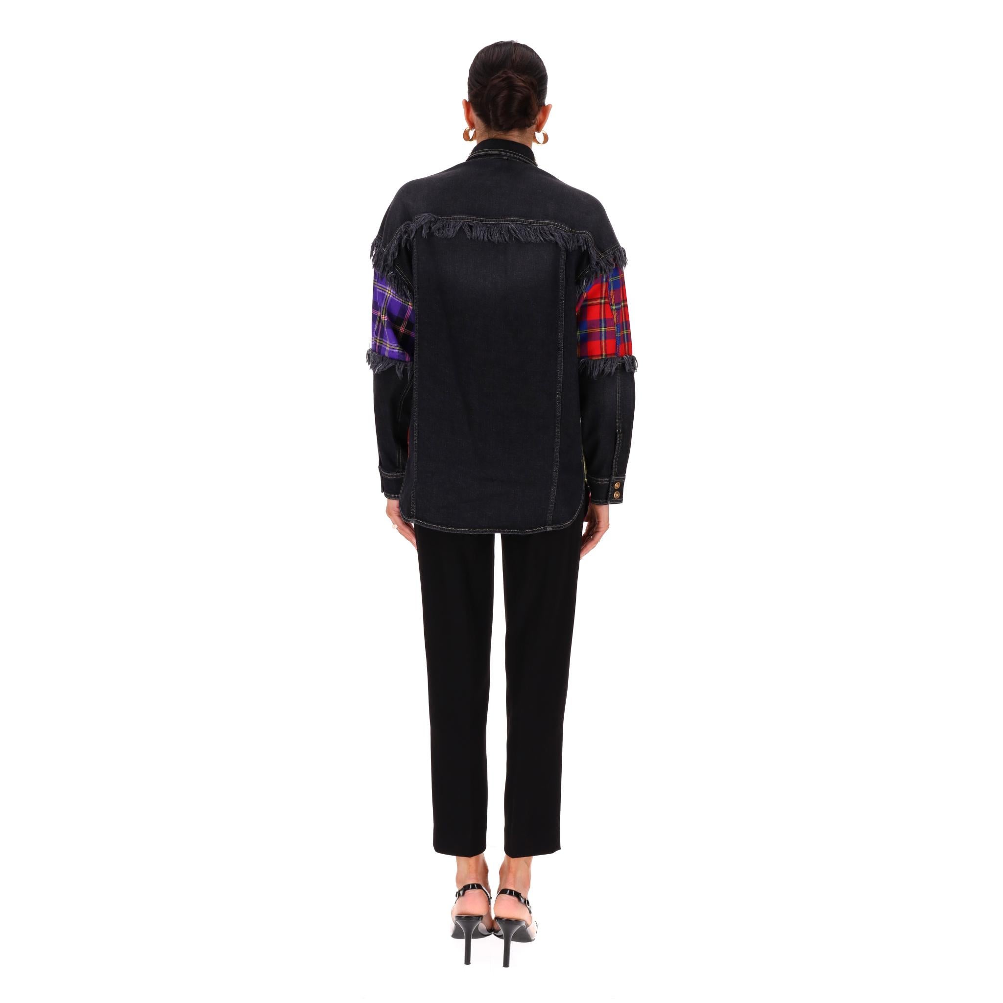 Versace Embellished Denim Jacket With Plaid Check Panels In Excellent Condition For Sale In London, GB