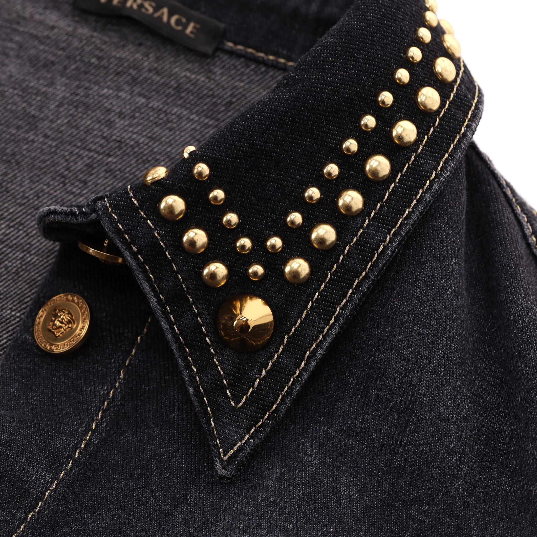 Versace Embellished Denim Jacket With Plaid Check Panels For Sale 1