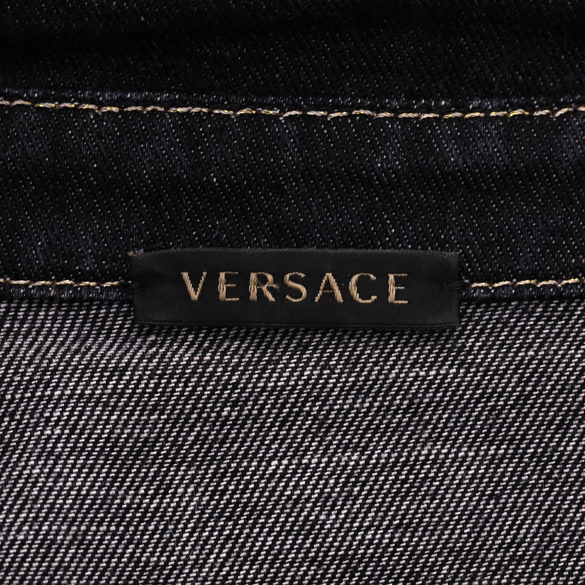 Versace Embellished Denim Jacket With Plaid Check Panels For Sale 2