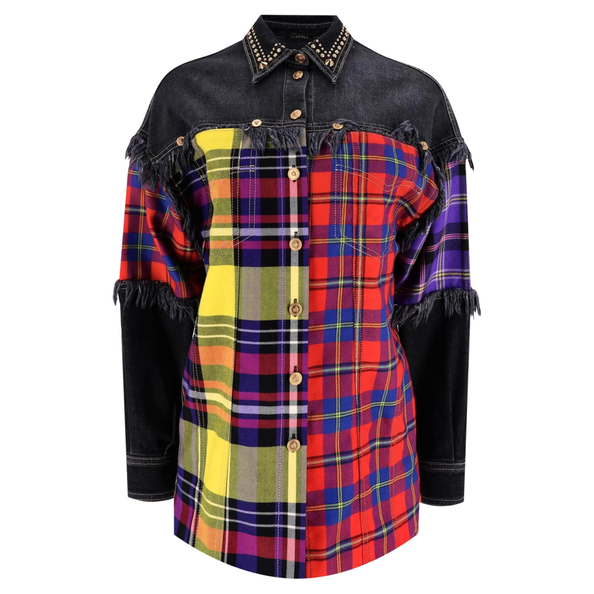 Versace Embellished Denim Jacket With Plaid Check Panels For Sale