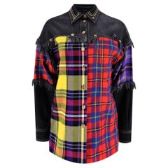 Used Versace Embellished Denim Jacket With Plaid Check Panels