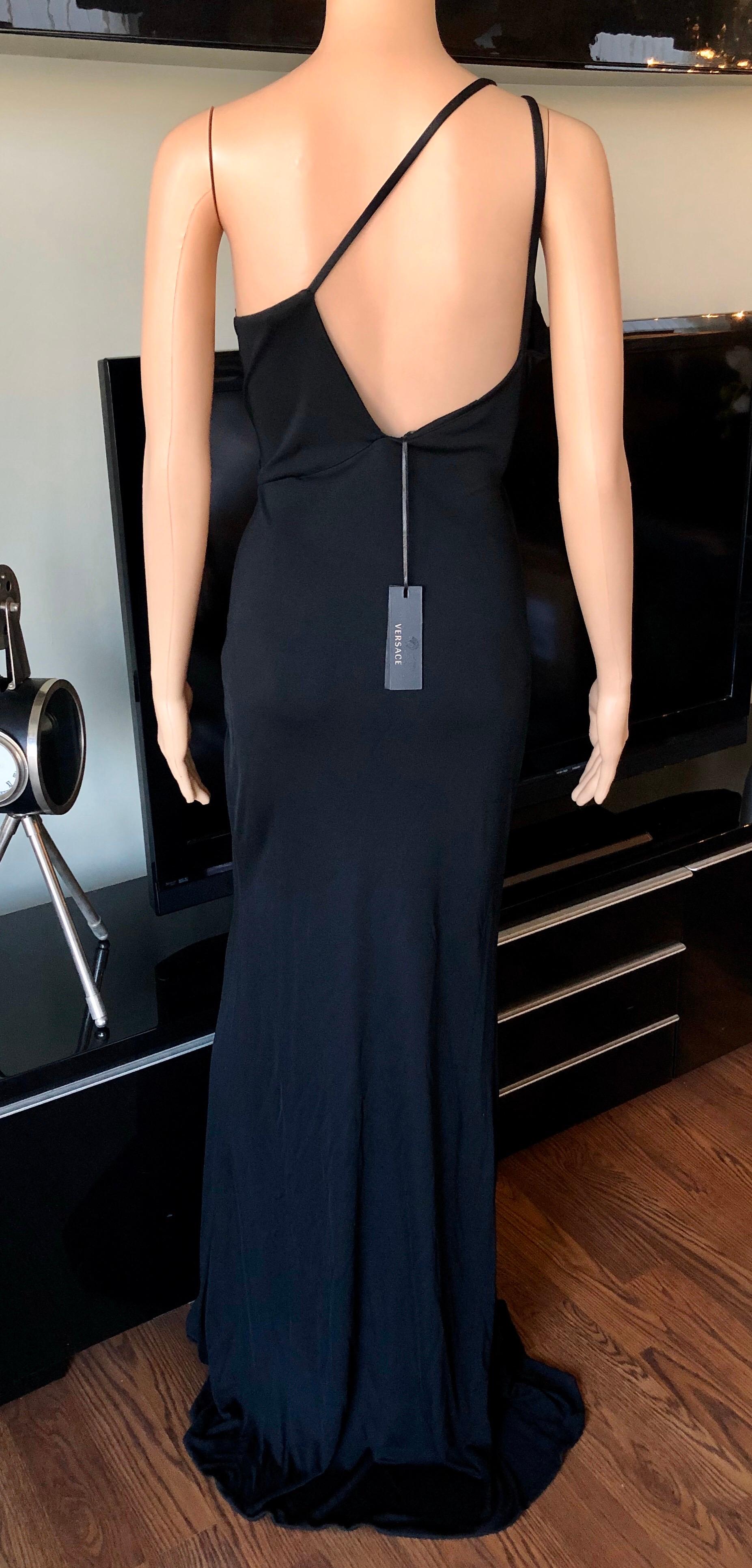 Versace Embellished Logo One Shoulder Black Maxi Evening Dress Gown In Excellent Condition In Naples, FL
