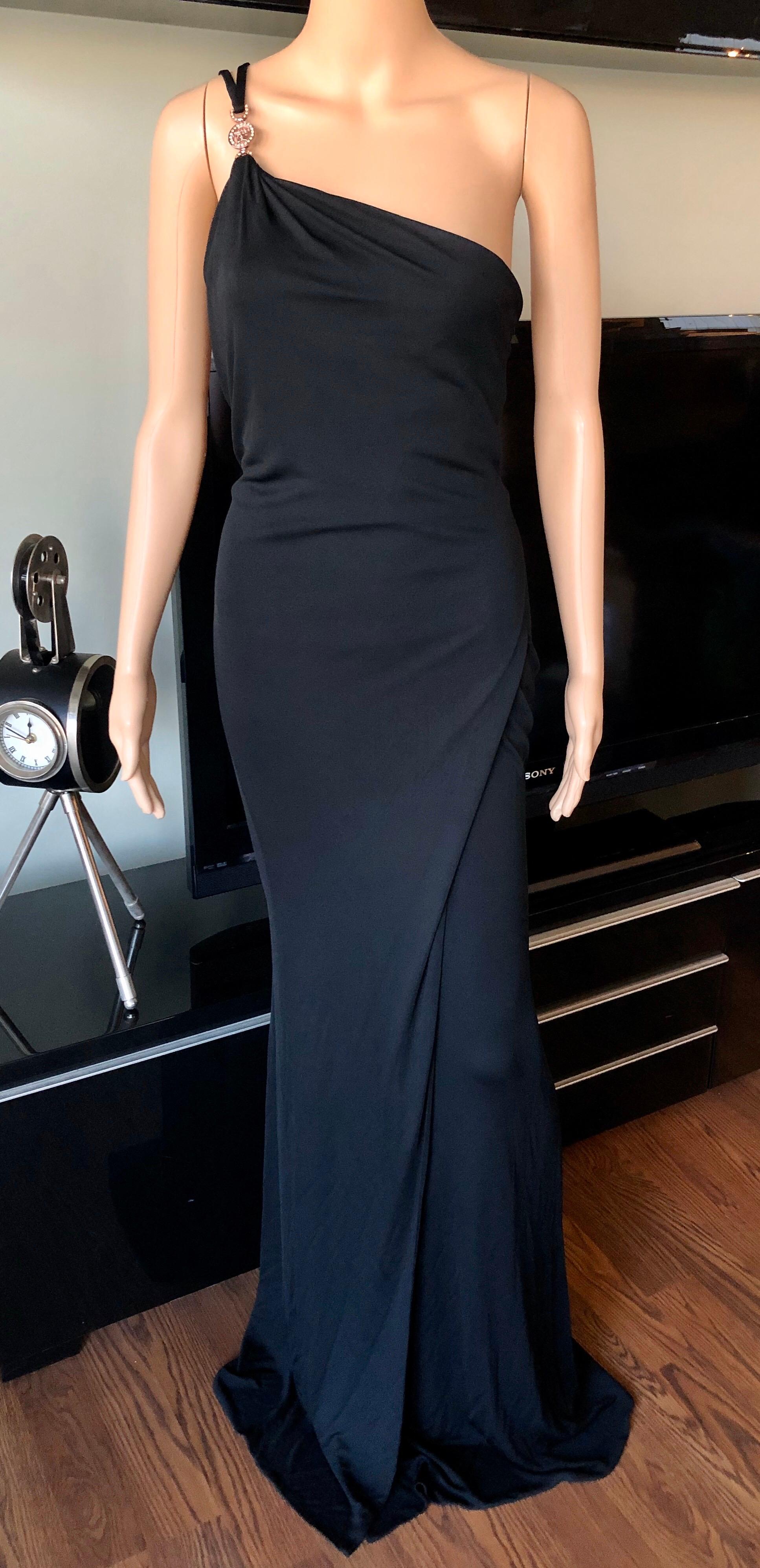 Women's Versace Embellished Logo One Shoulder Black Maxi Evening Dress Gown