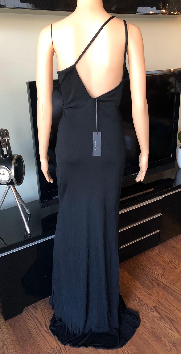 Versace Embellished Logo One Shoulder Black Maxi Evening Dress Gown at ...