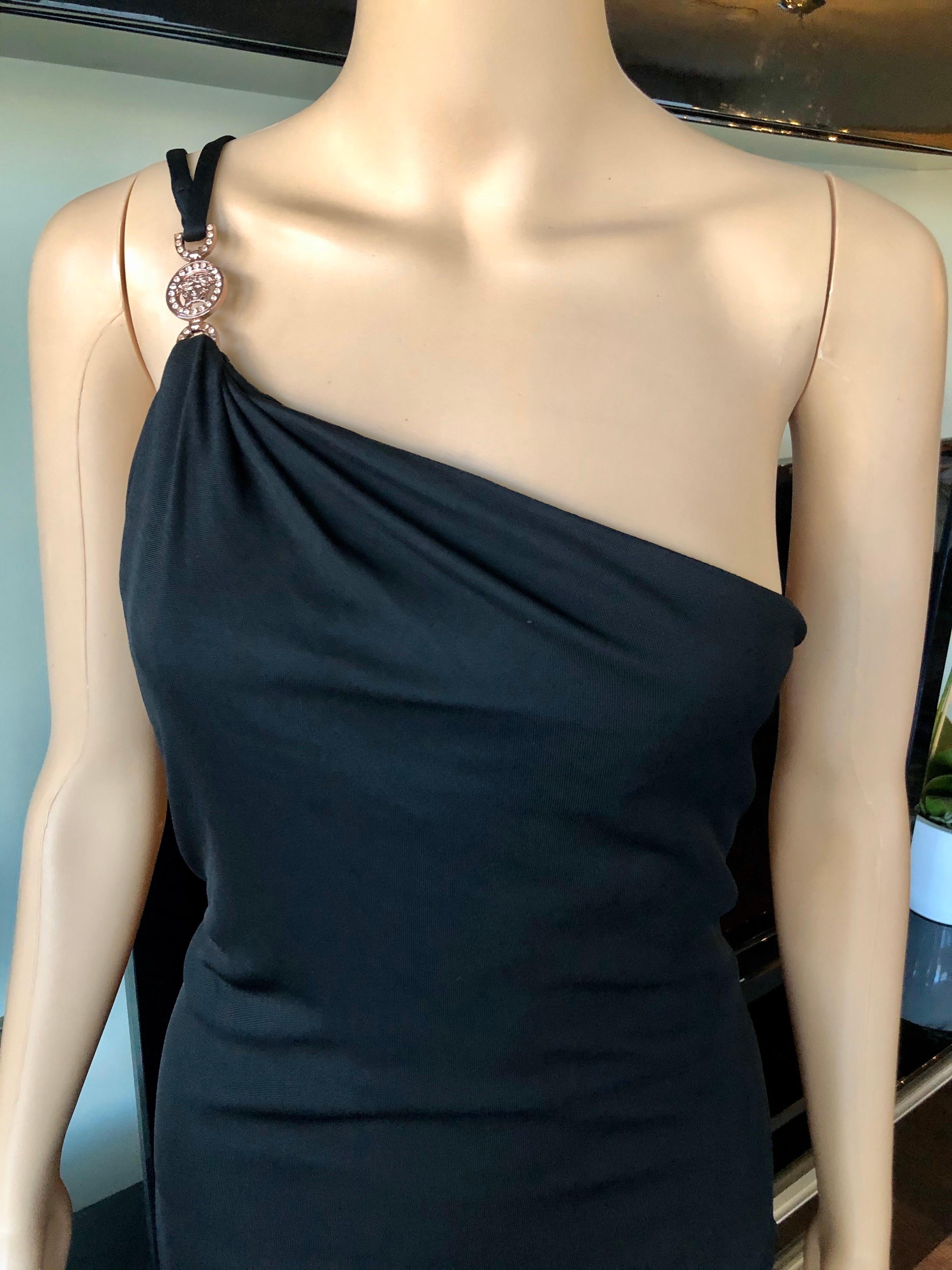 Versace Embellished Logo One Shoulder Black Maxi Evening Dress Gown 3