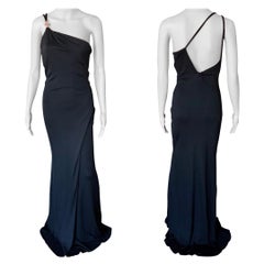 Versace Embellished Logo One Shoulder Black Maxi Evening Dress Gown