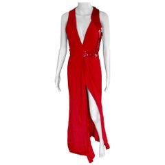 Versace Embellished Plunged Cutout Back Red Dress Gown