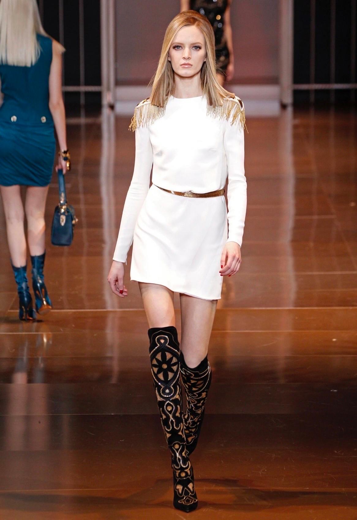 Women's Versace Embellished silk ivory white mini dress w/ embroidered epaulettes & belt For Sale