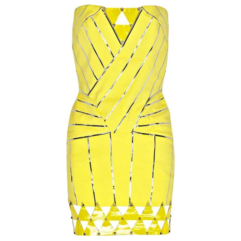 VERSACE Embellished Yellow Stretch Mini Dress with Patent Leather Detail