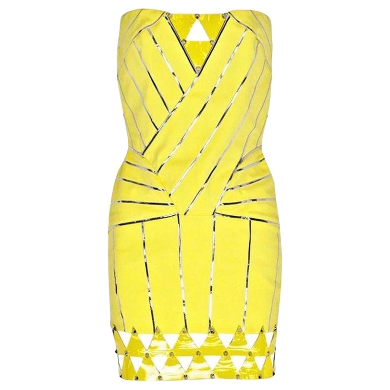 VERSACE Embellished Yellow Stretch Mini Dress with Patent Leather Detail Sz  44 For Sale at 1stDibs