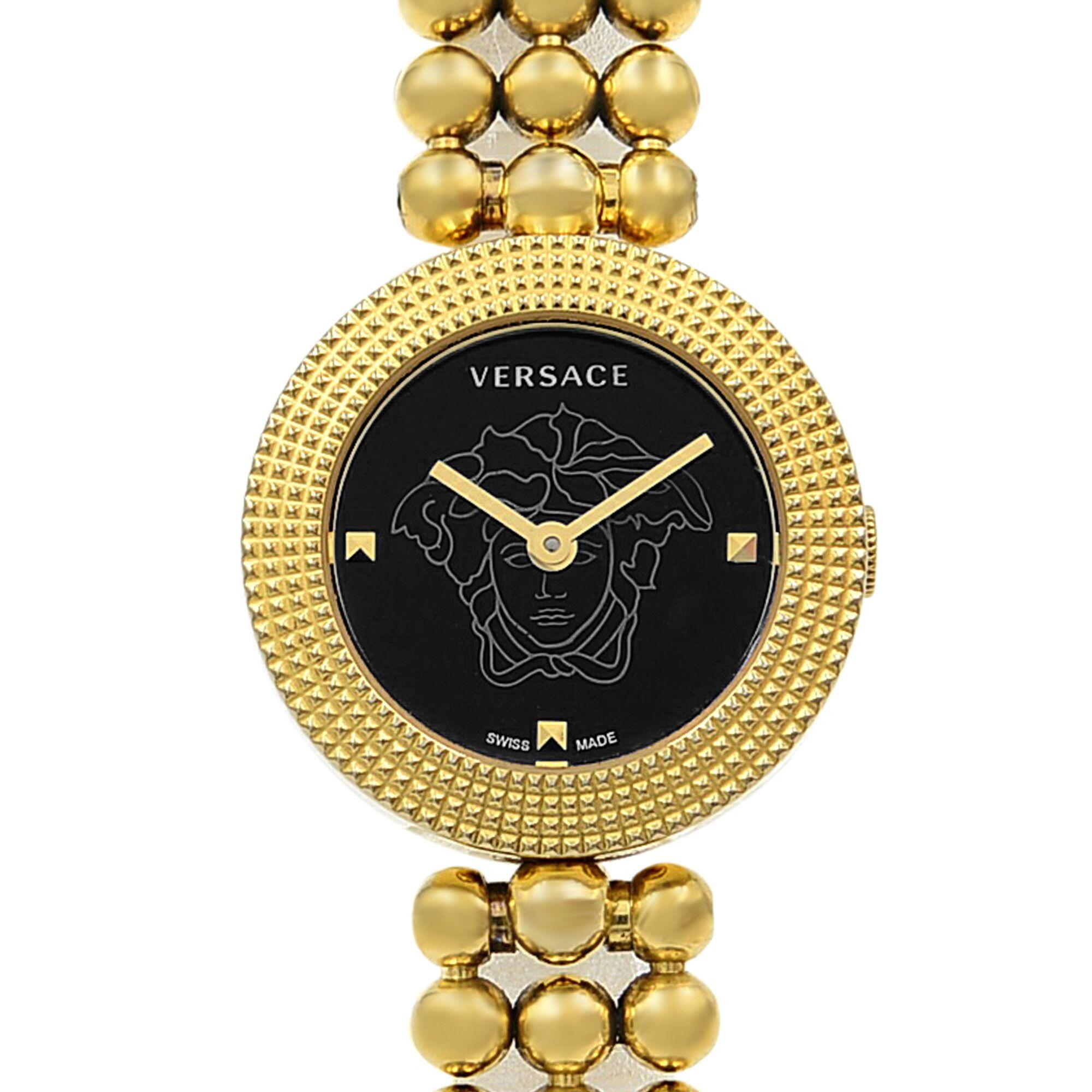 This pre-owned mint condition Versace Eon 94Q80D008 S080 is a beautiful Ladies timepiece that is powered by a quartz movement which is cased in a stainless steel case. It has a round shape face, dial and has hand dots, unspecified style markers. It