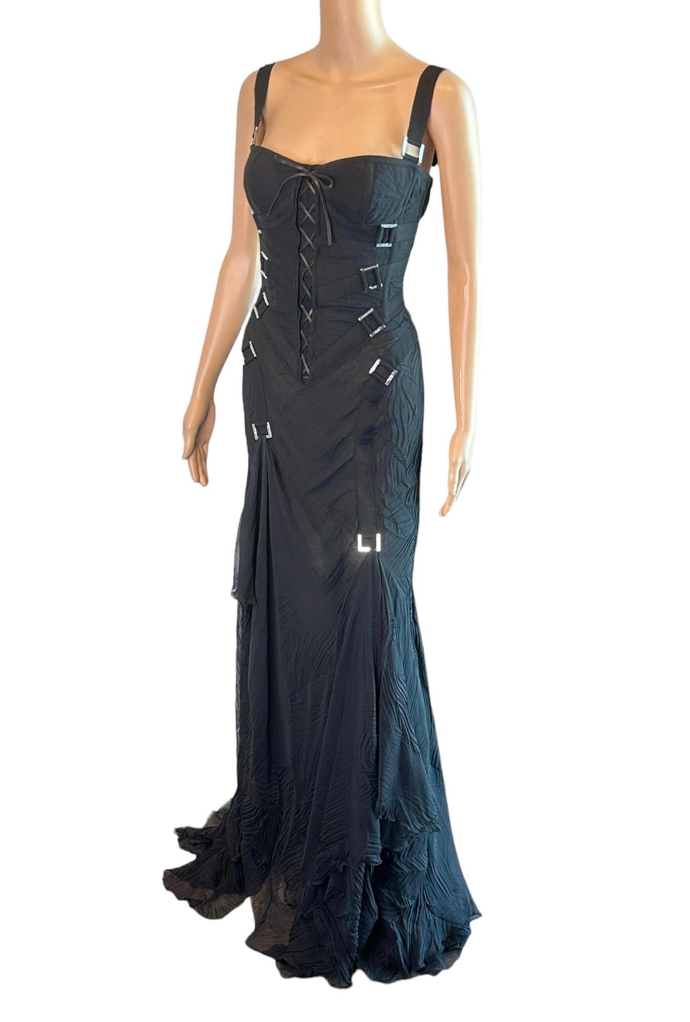 Versace F/W 2003 Bondage Bustier Buckle Detail Lace Up Black Evening Dress Gown For Sale 6