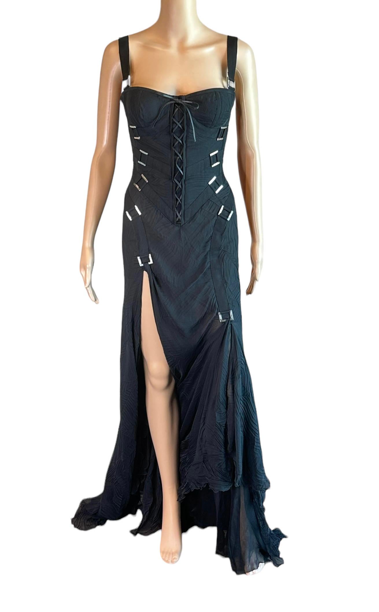 Versace F/W 2003 Bondage Bustier Buckle Detail Lace Up Black Evening Dress Gown For Sale 7