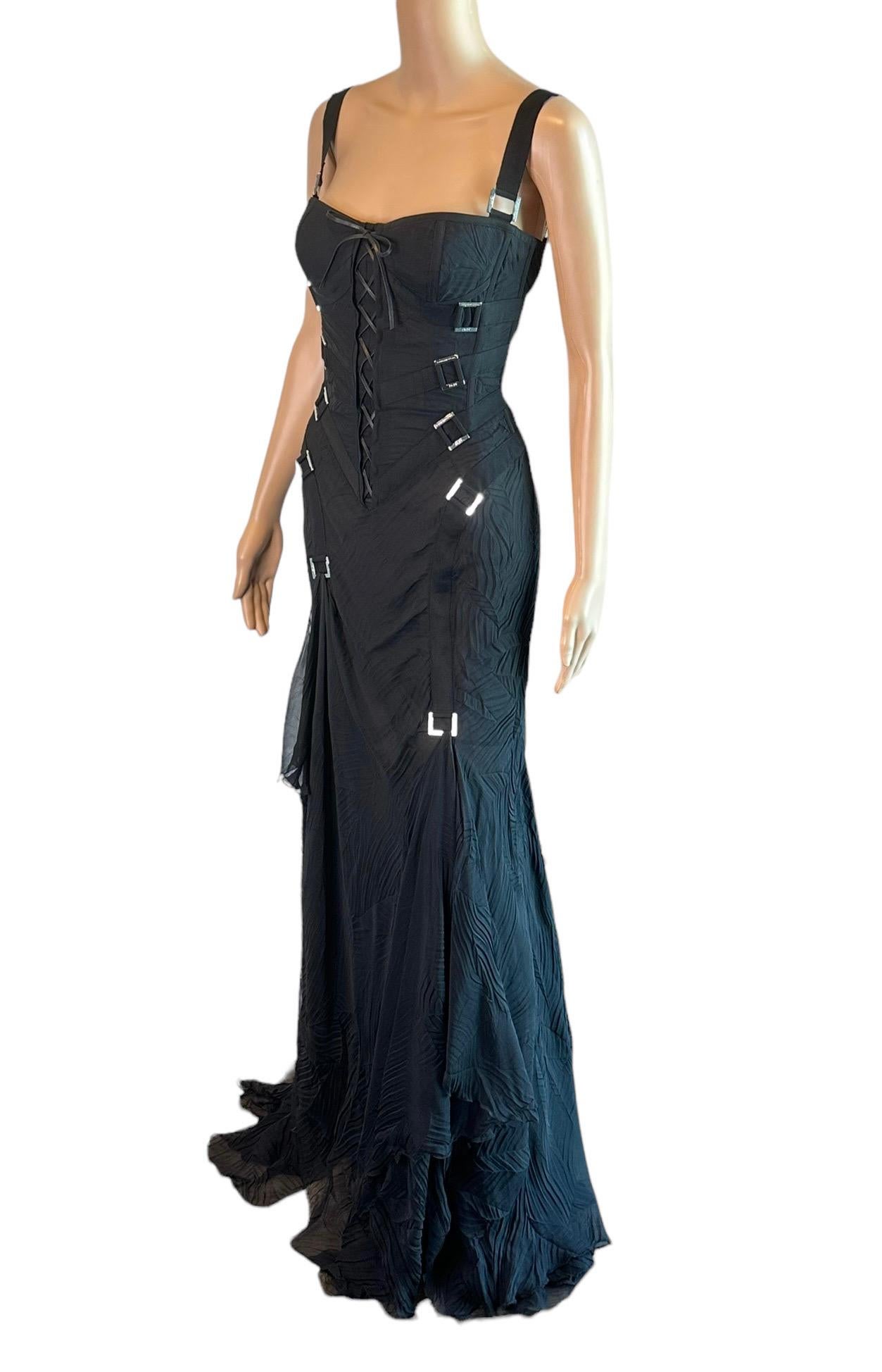 Versace F/W 2003 Bondage Bustier Buckle Detail Lace Up Black Evening Dress Gown For Sale 9