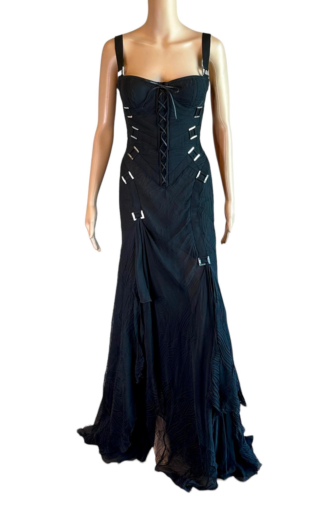 Versace F/W 2003 Bondage Bustier Buckle Detail Lace Up Black Evening Dress Gown For Sale 10