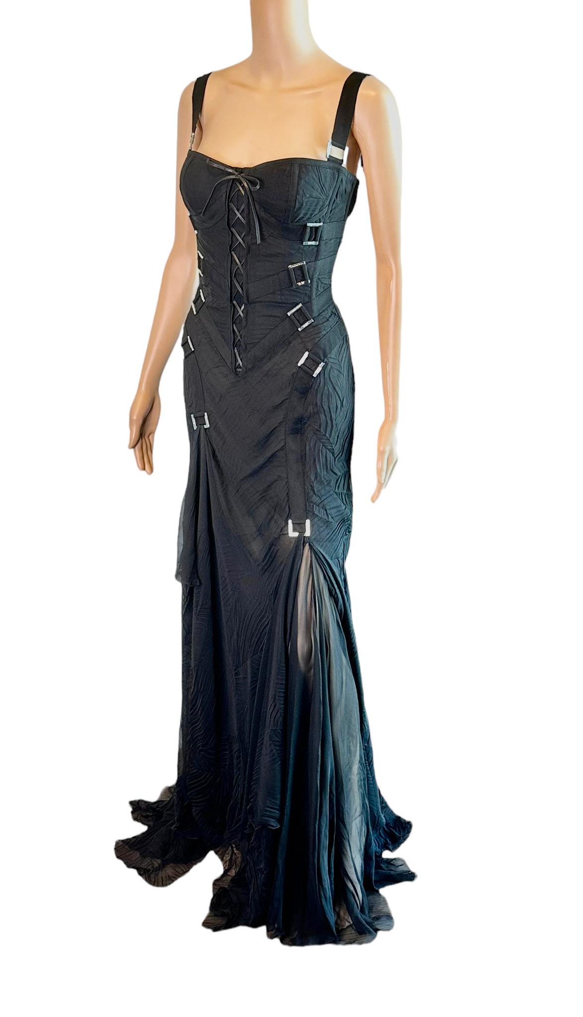 Versace F/W 2003 Bondage Bustier Buckle Detail Lace Up Black Evening Dress Gown For Sale 11