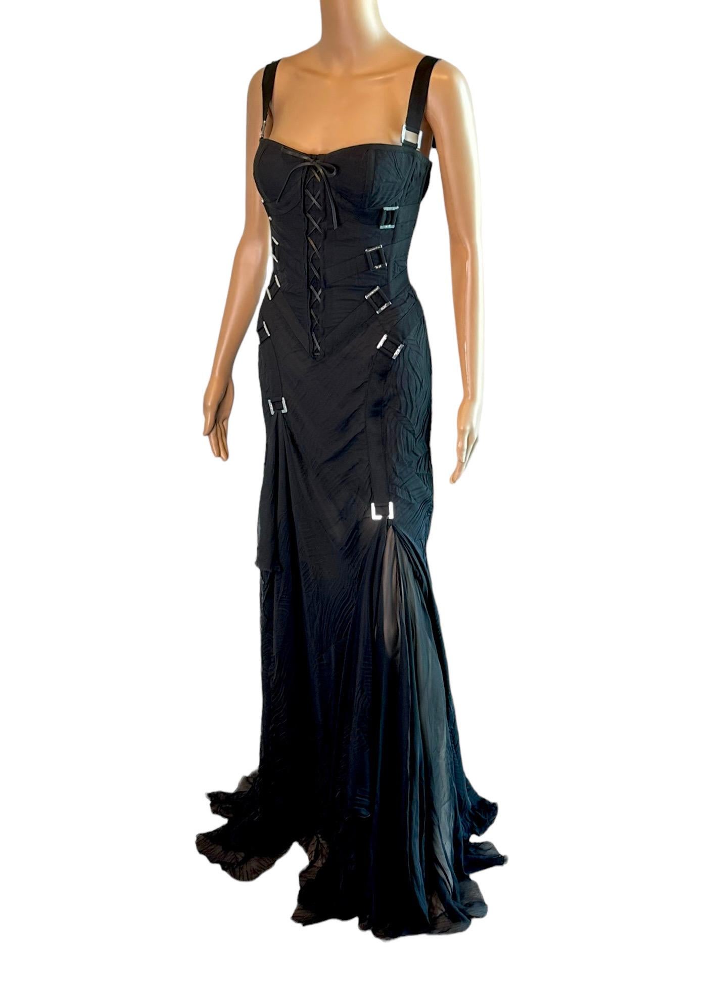 Versace F/W 2003 Bondage Bustier Buckle Detail Lace Up Black Evening Dress Gown For Sale 13