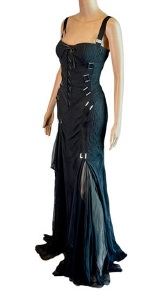 Versace F/W 2003 Bondage Bustier Buckle Detail Lace Up Black Evening Dress Gown